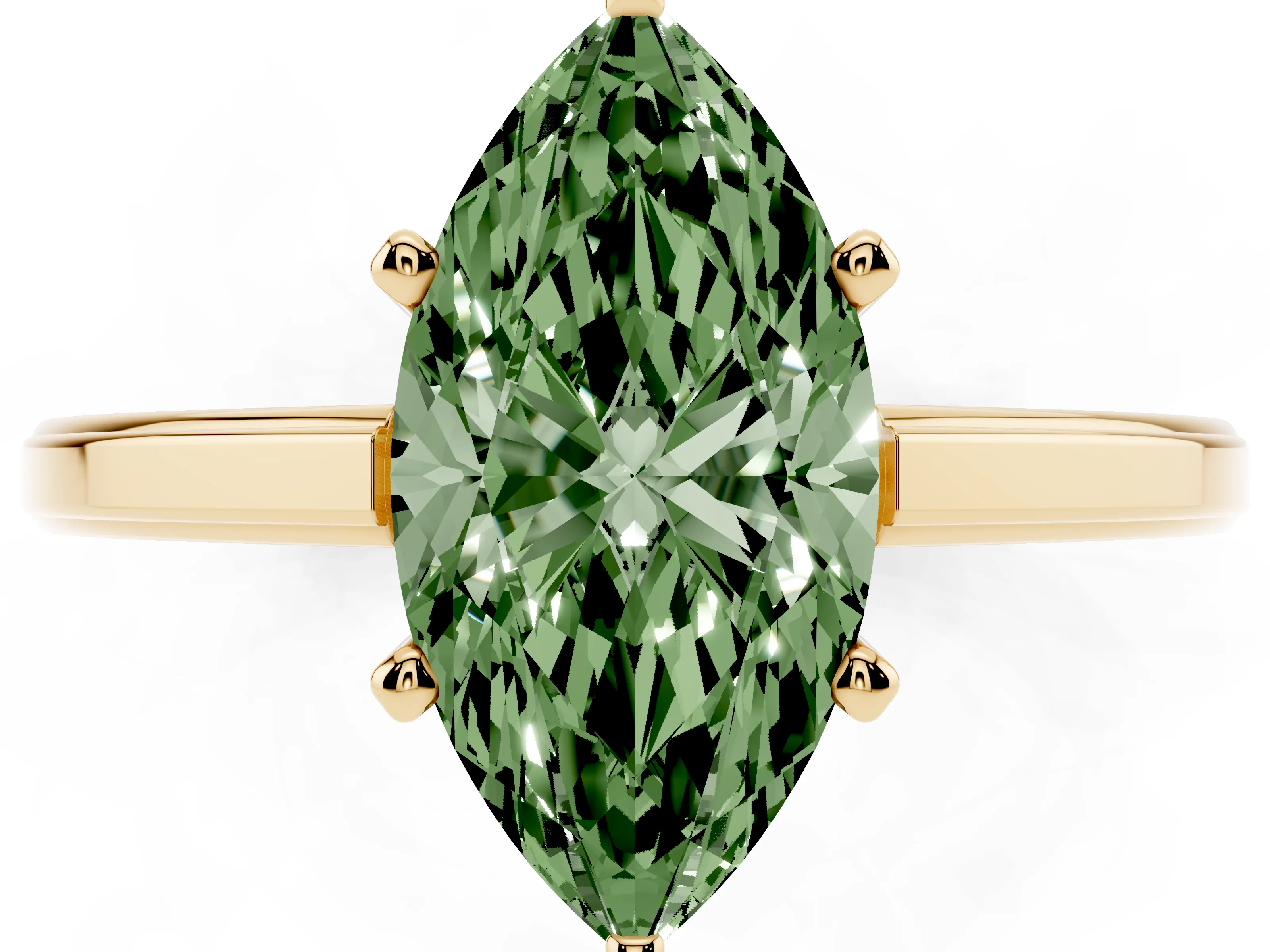 Fancy Green Marquise Cut Diamond Solitaire Ring Set in Yellow gold with Prong Setting and Classic Band