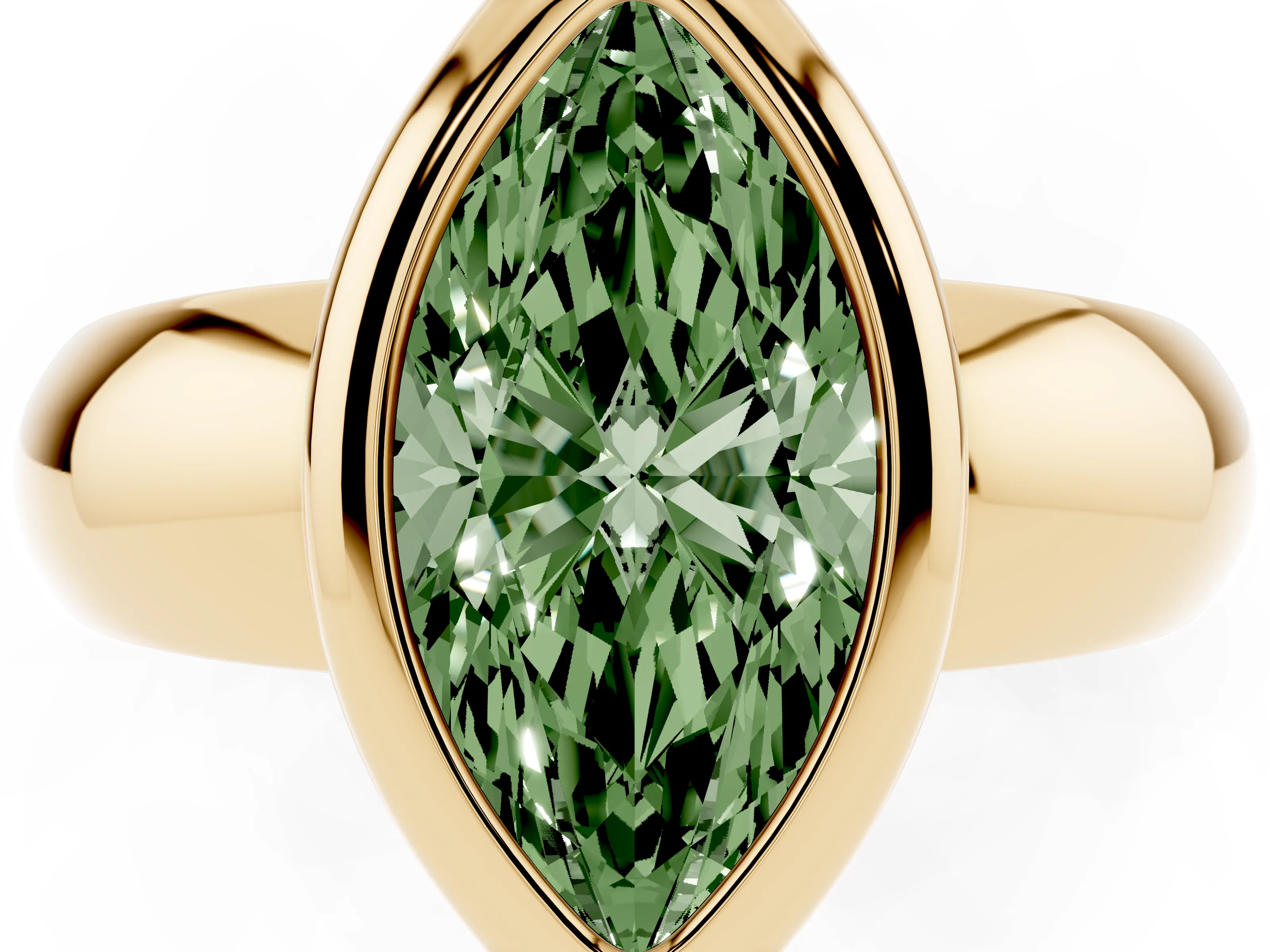 Fancy Green Bezel Set Marquise Cut Diamond Solitaire Ring Set in Yellow gold with Wide Band