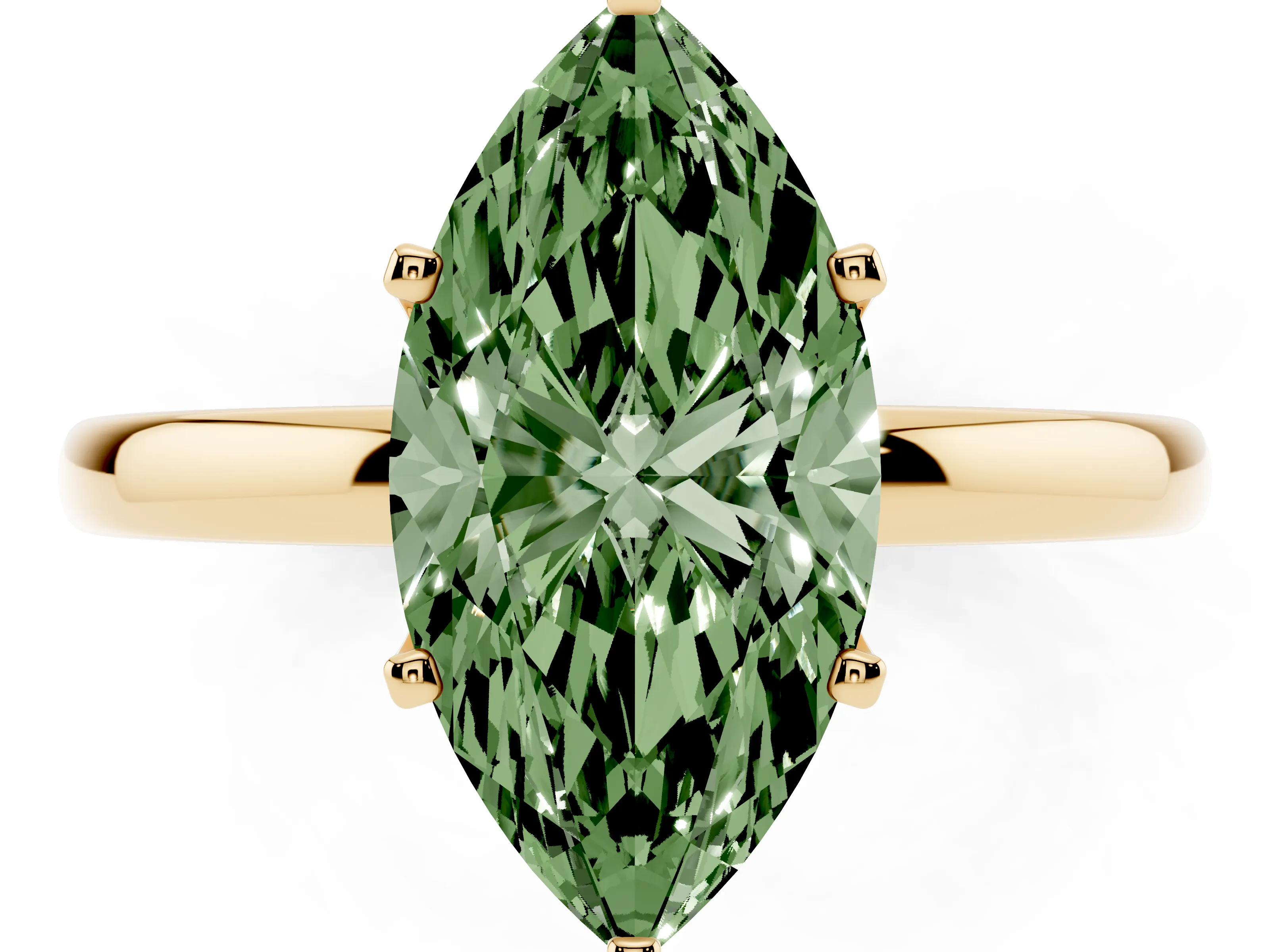 Fancy Green Marquise Cut Diamond Solitaire Ring Set in Yellow gold with Raised Prong Setting on a Classic Band
