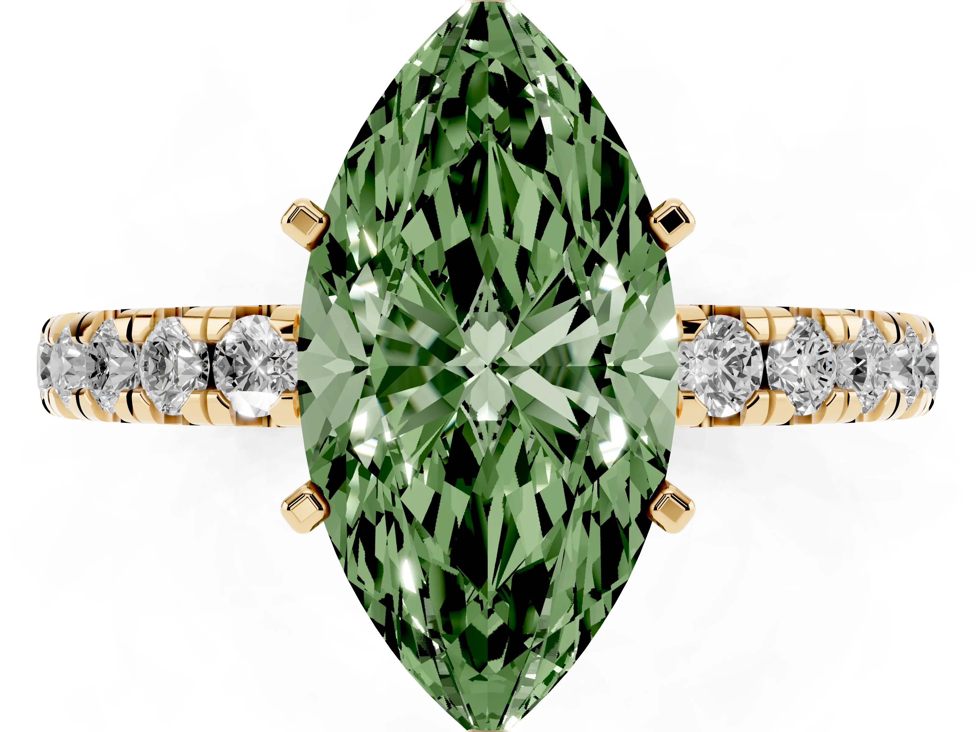 Fancy Green Marquise Cut Diamond Pavé Solitaire Ring Set in Yellow gold with Round Band and Prong Setting