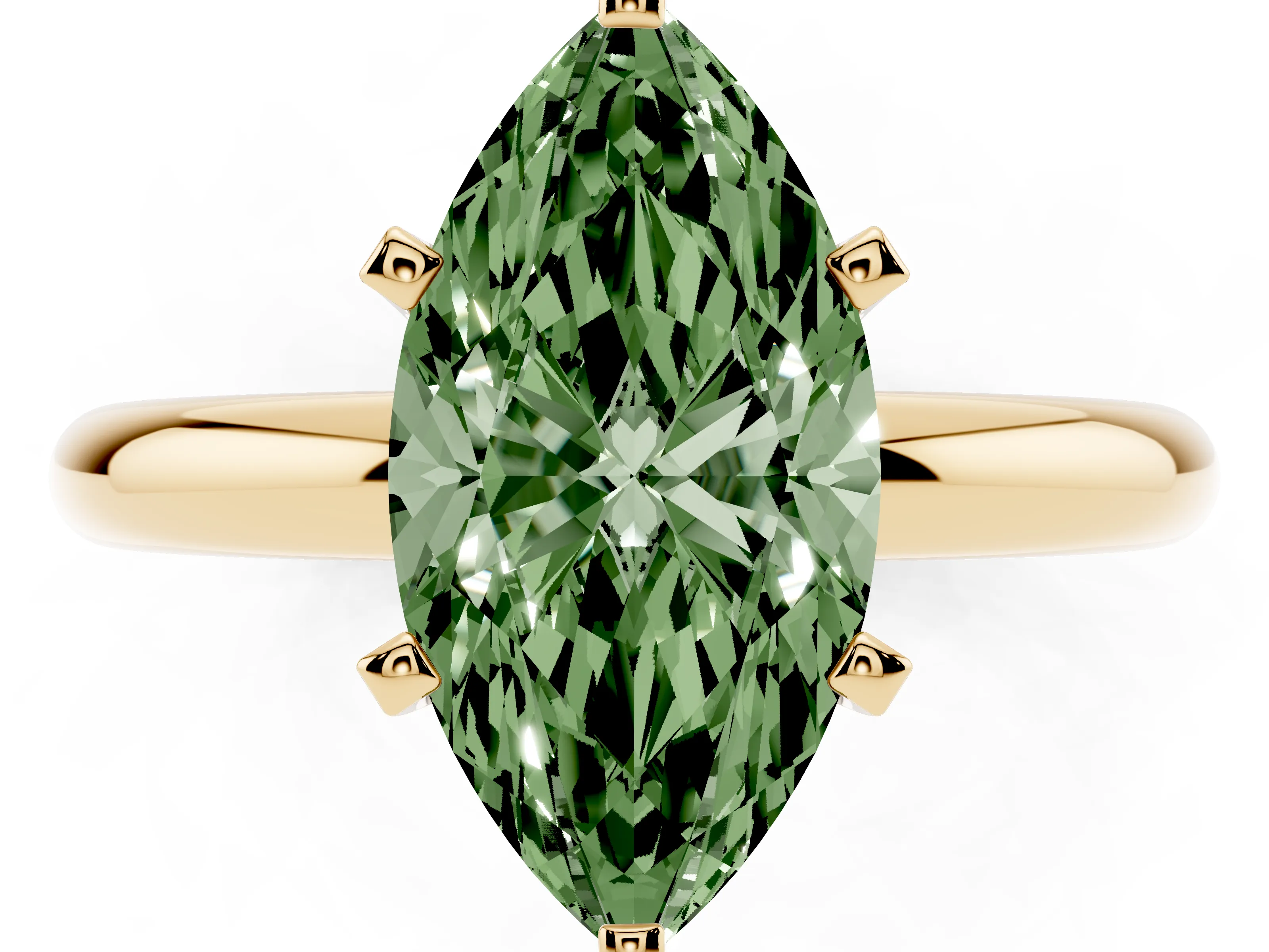 Fancy Green Marquise Cut Diamond Solitaire Engagement Ring Set in Yellow gold with Round Band and Prong Setting