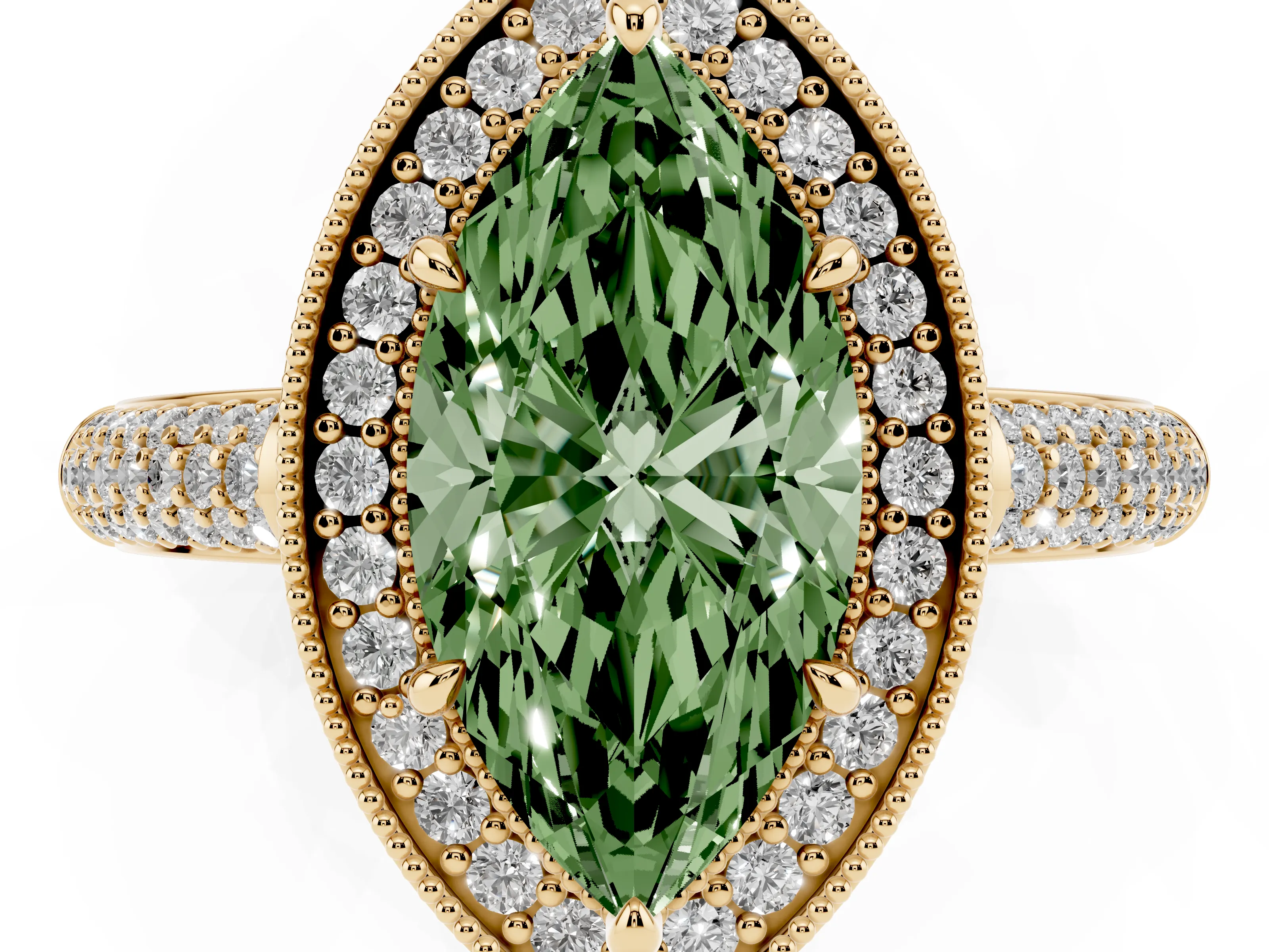 Fancy Green Marquise Cut Diamond Halo Pavé Band Set in Yellow gold with Prong Setting