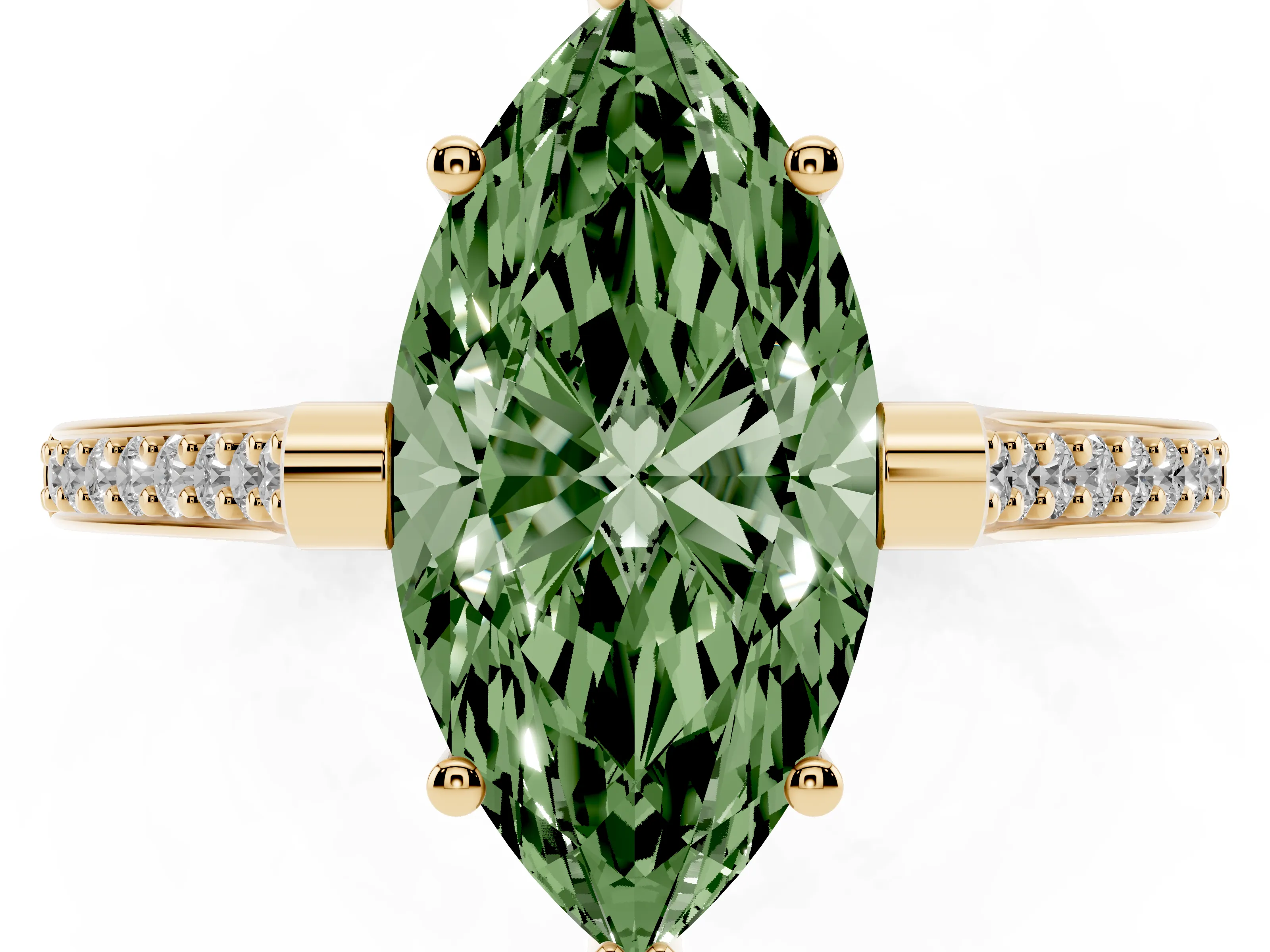Fancy Green Marquise Cut Diamond Solitaire Ring Set in Yellow gold with Channel Set Band and Bezel Prong Setting