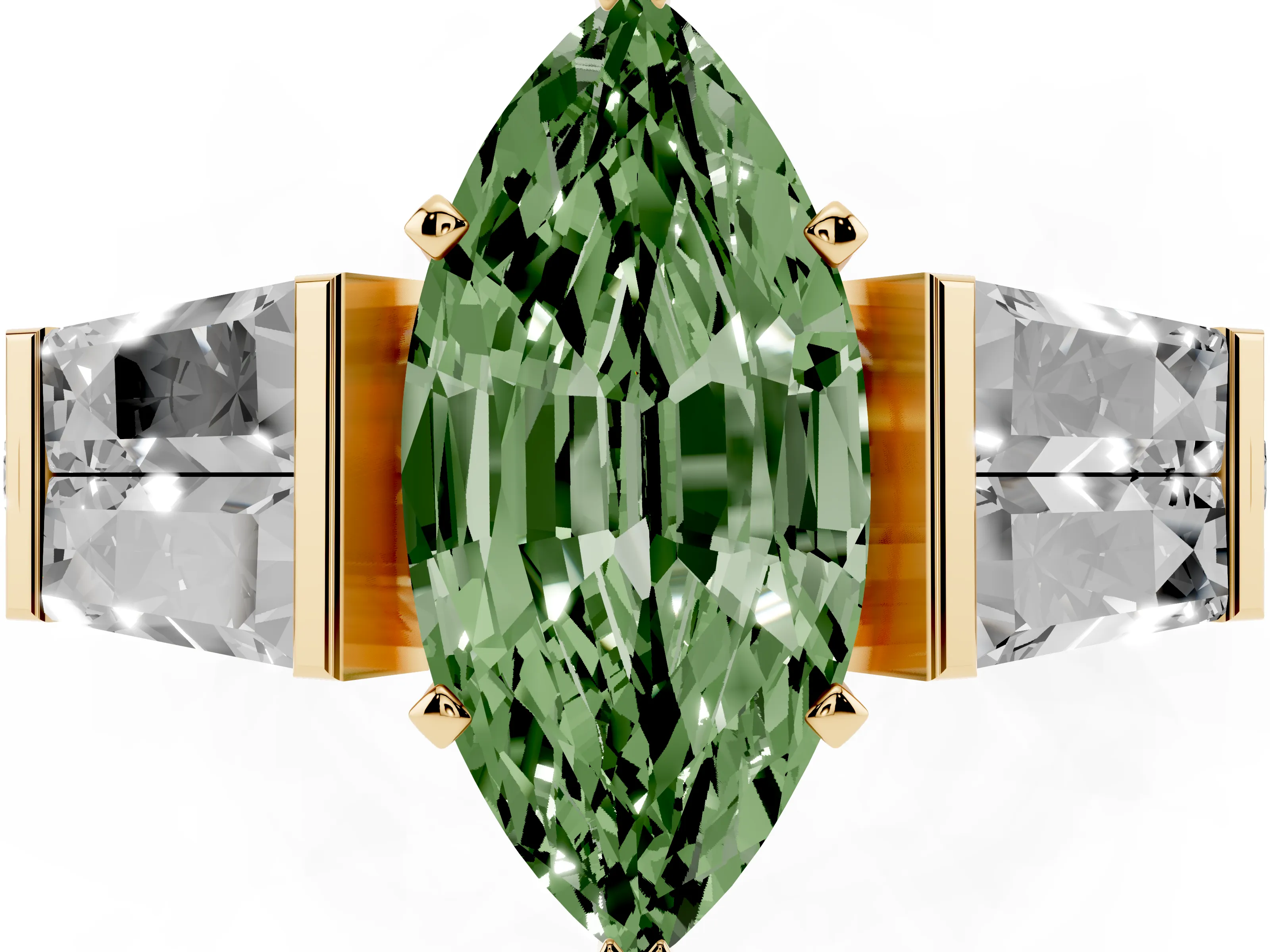 Fancy Green Marquise Cut Diamond Engagement Ring Set in Yellow gold with Baguette Side Stones and Channel Set Band
