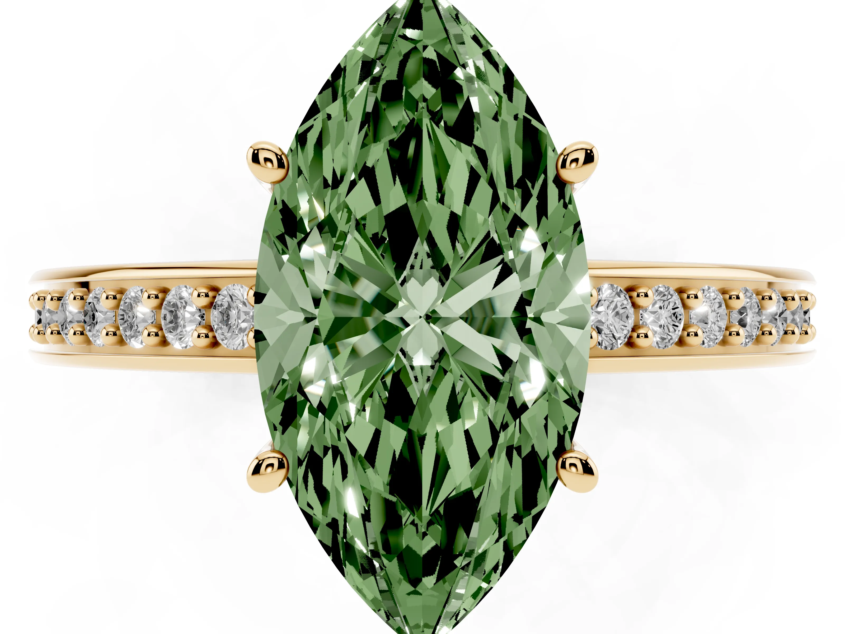 Fancy Green Marquise Cut Diamond Pavé Band Prong Set Solitaire Ring Set in Yellow gold