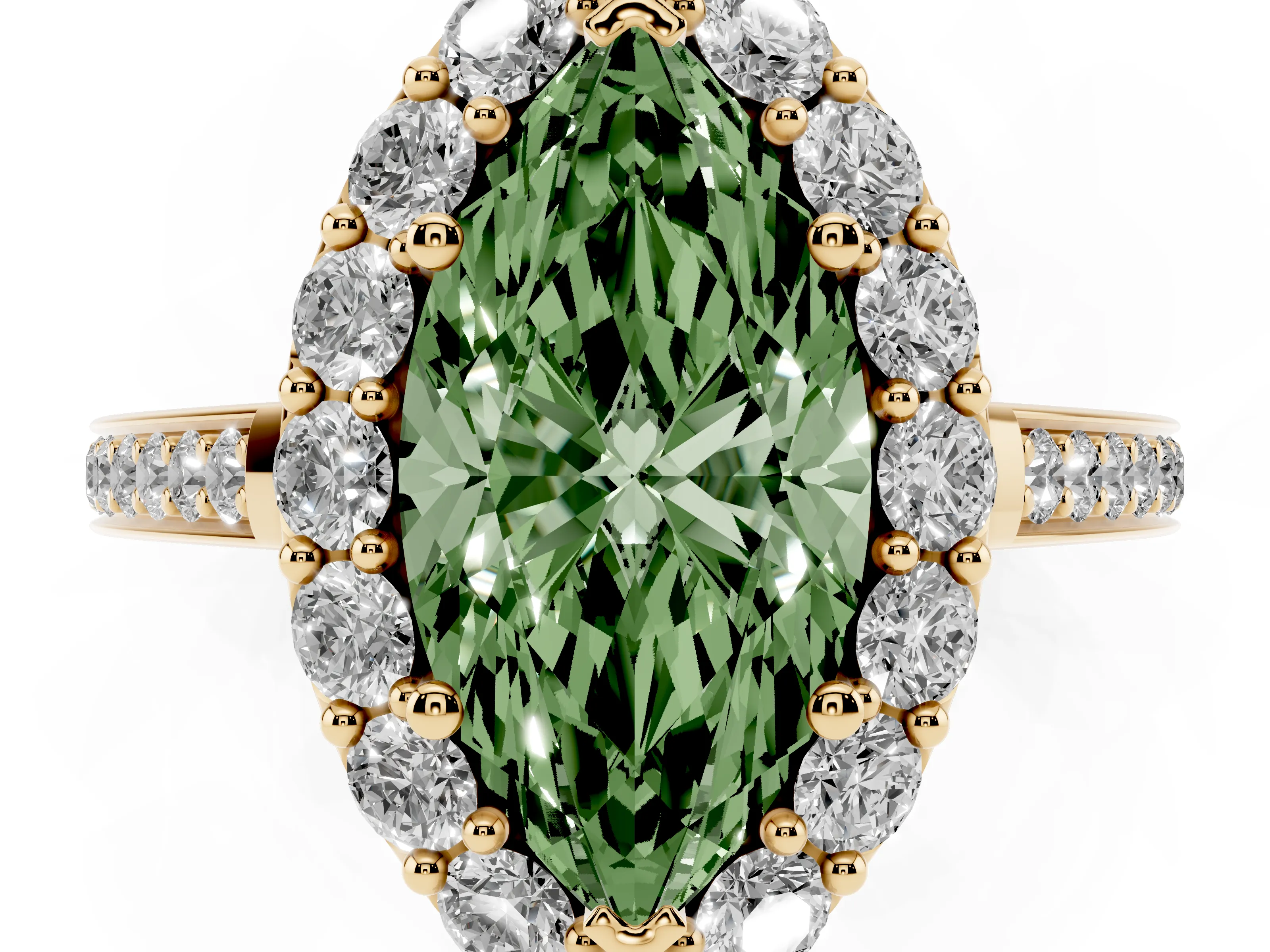 Fancy Green Marquise Cut Diamond Floral Halo Ring Set in Yellow gold with Pavé Band and Prong Setting
