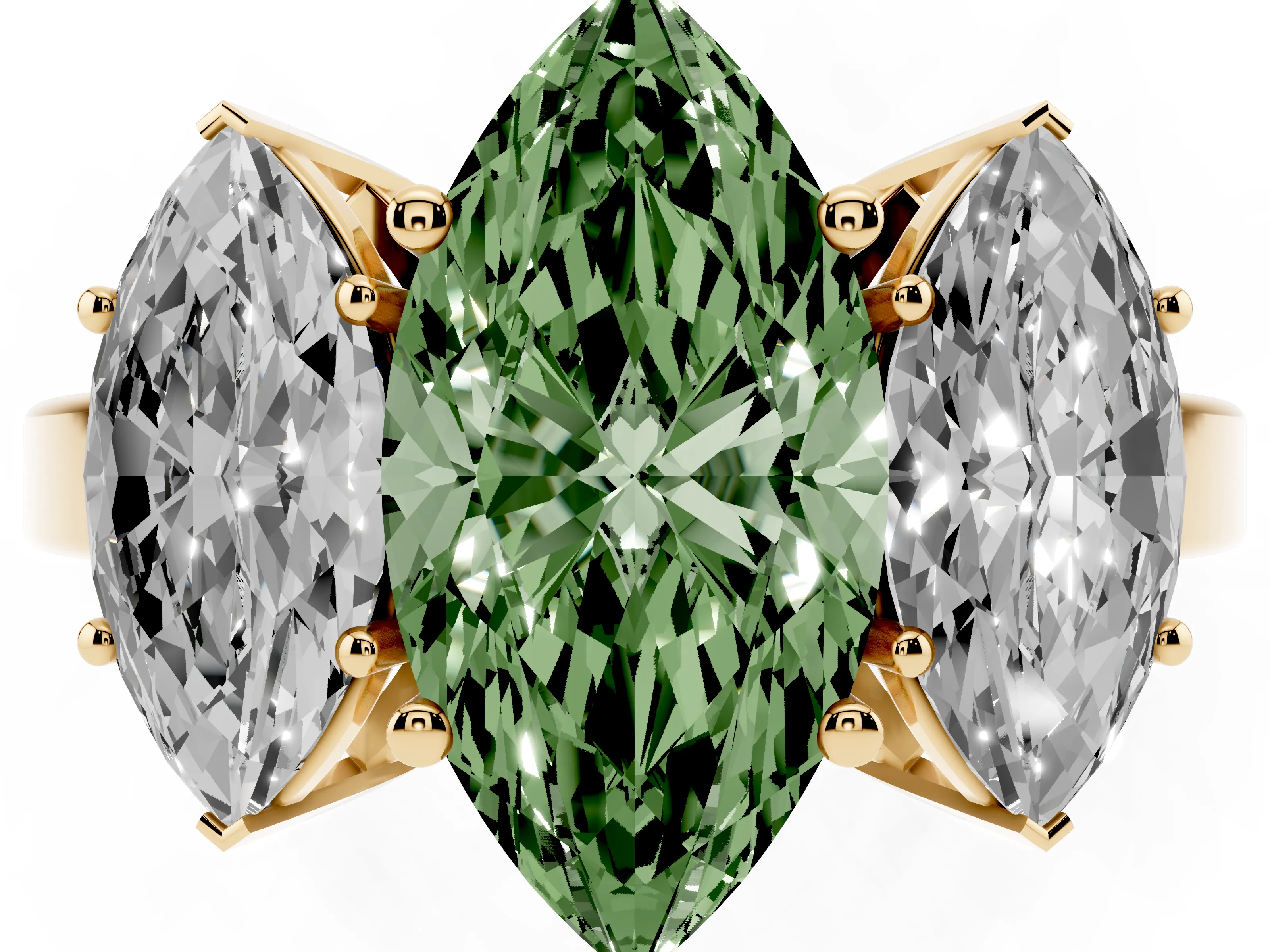 Fancy Green Marquise Cut Diamond Three-Stone Engagement Ring Set in Yellow gold with Flat Band