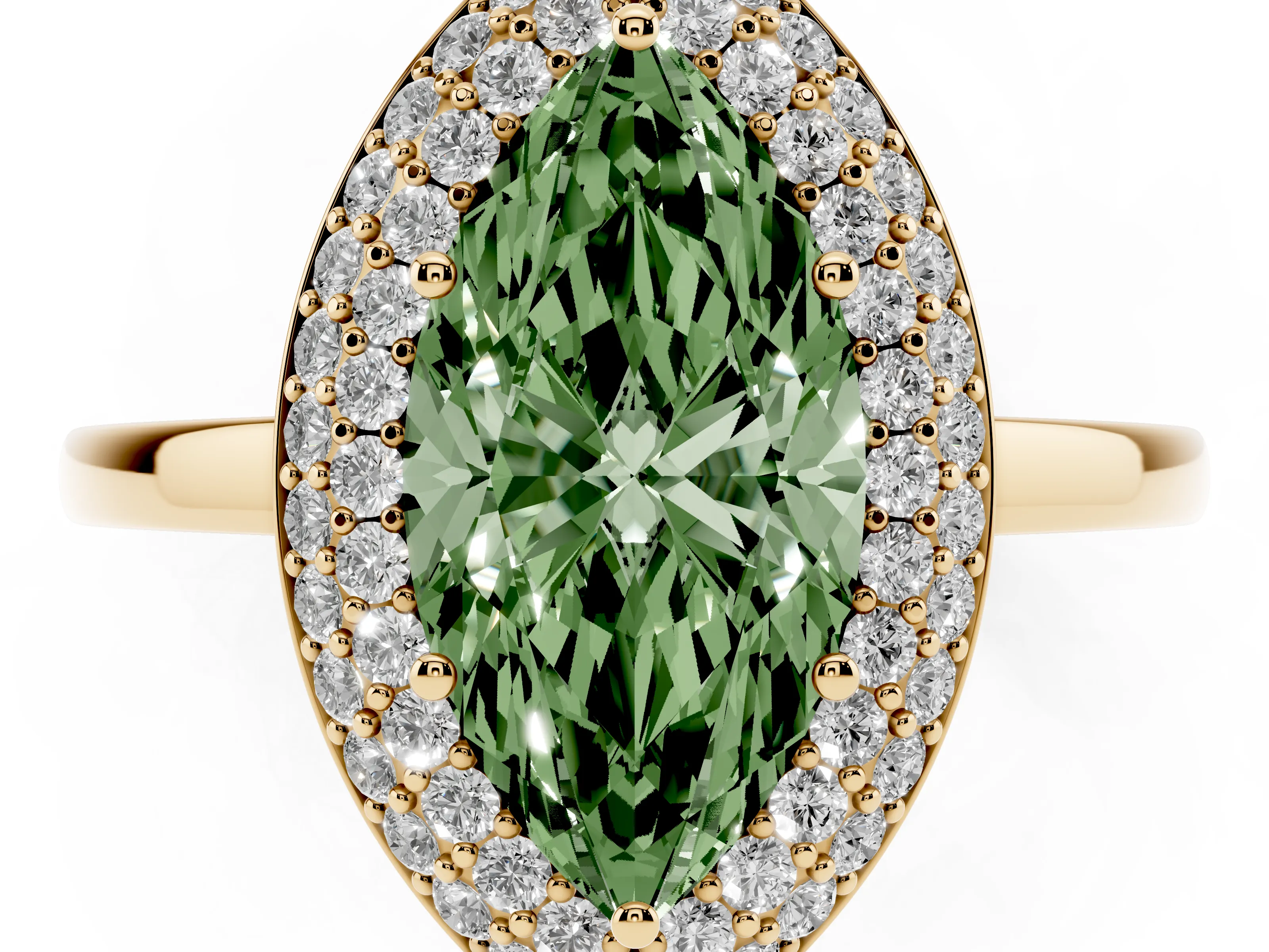 Fancy Green Marquise Cut Diamond Halo Engagement Ring Set in Yellow gold with Solitaire Band and Prong Setting