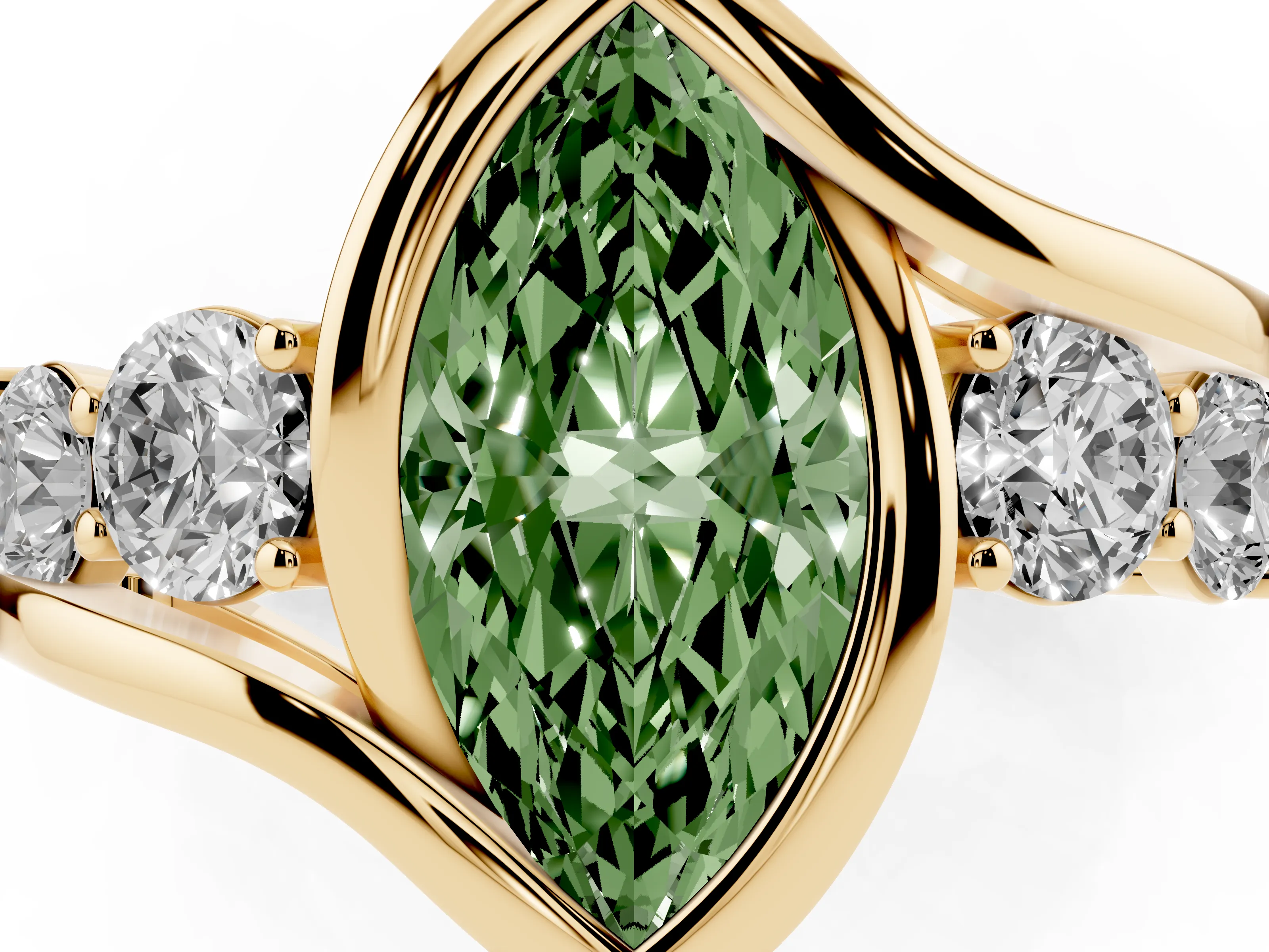 Fancy Green Marquise Cut Diamond Bezel Bypass Ring Set in Yellow gold with Round Accents