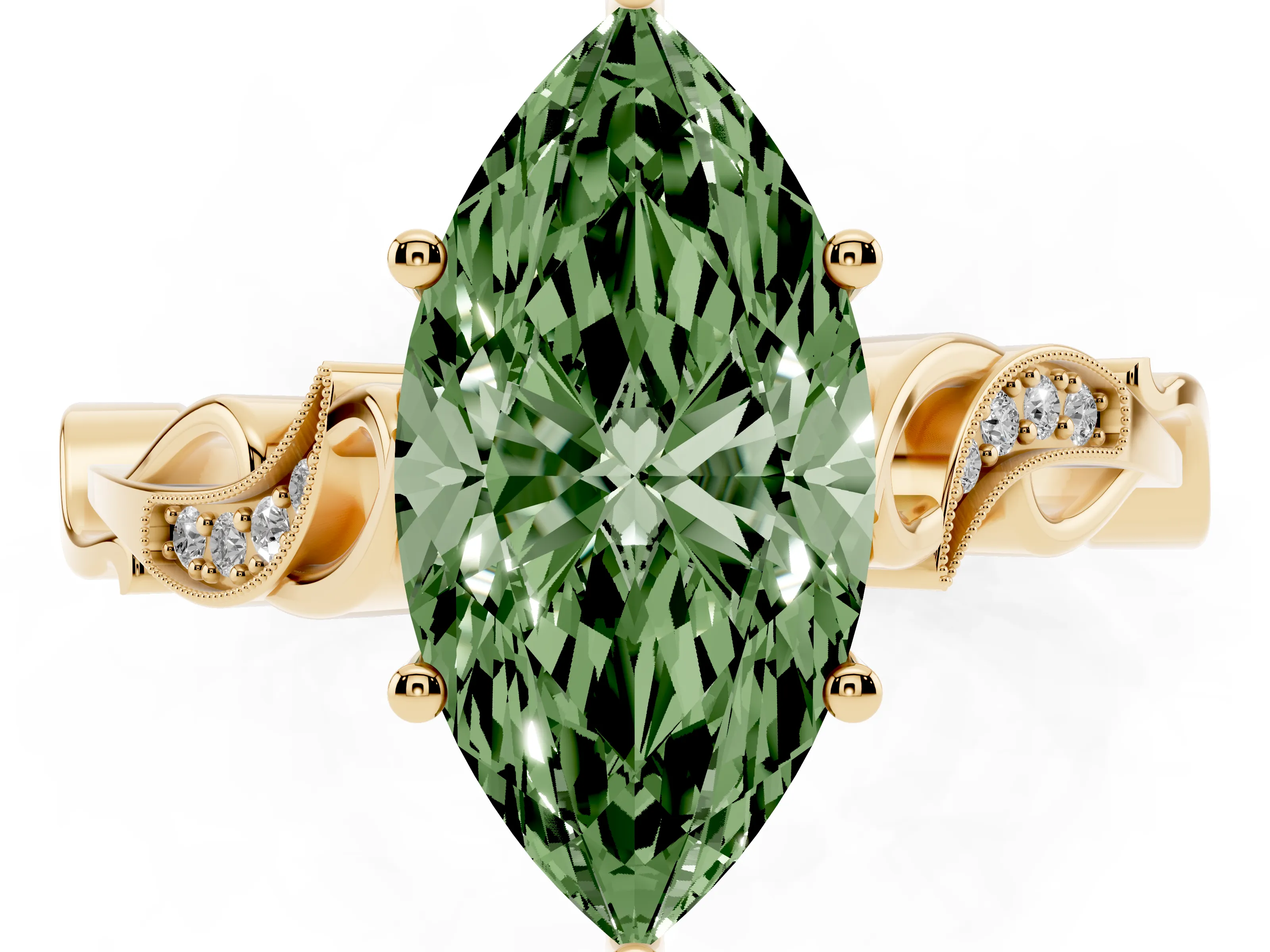 Fancy Green Marquise Cut Diamond Vine Band Solitaire Ring Set in Yellow gold with Milgrain Prong Setting