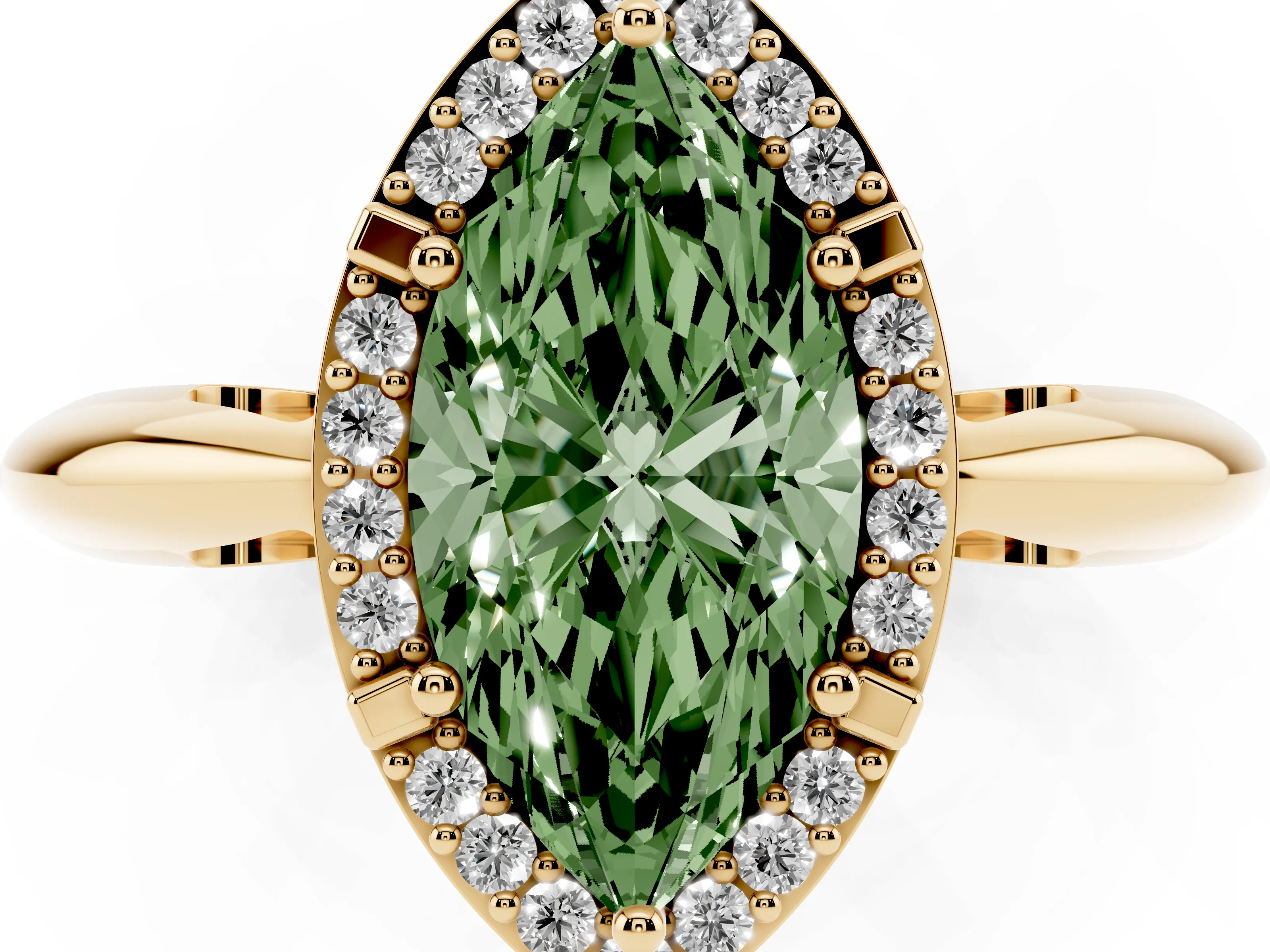 Fancy Green Marquise Cut Diamond Halo Engagement Ring Set in Yellow gold with Plain Split Shank and Prong Setting