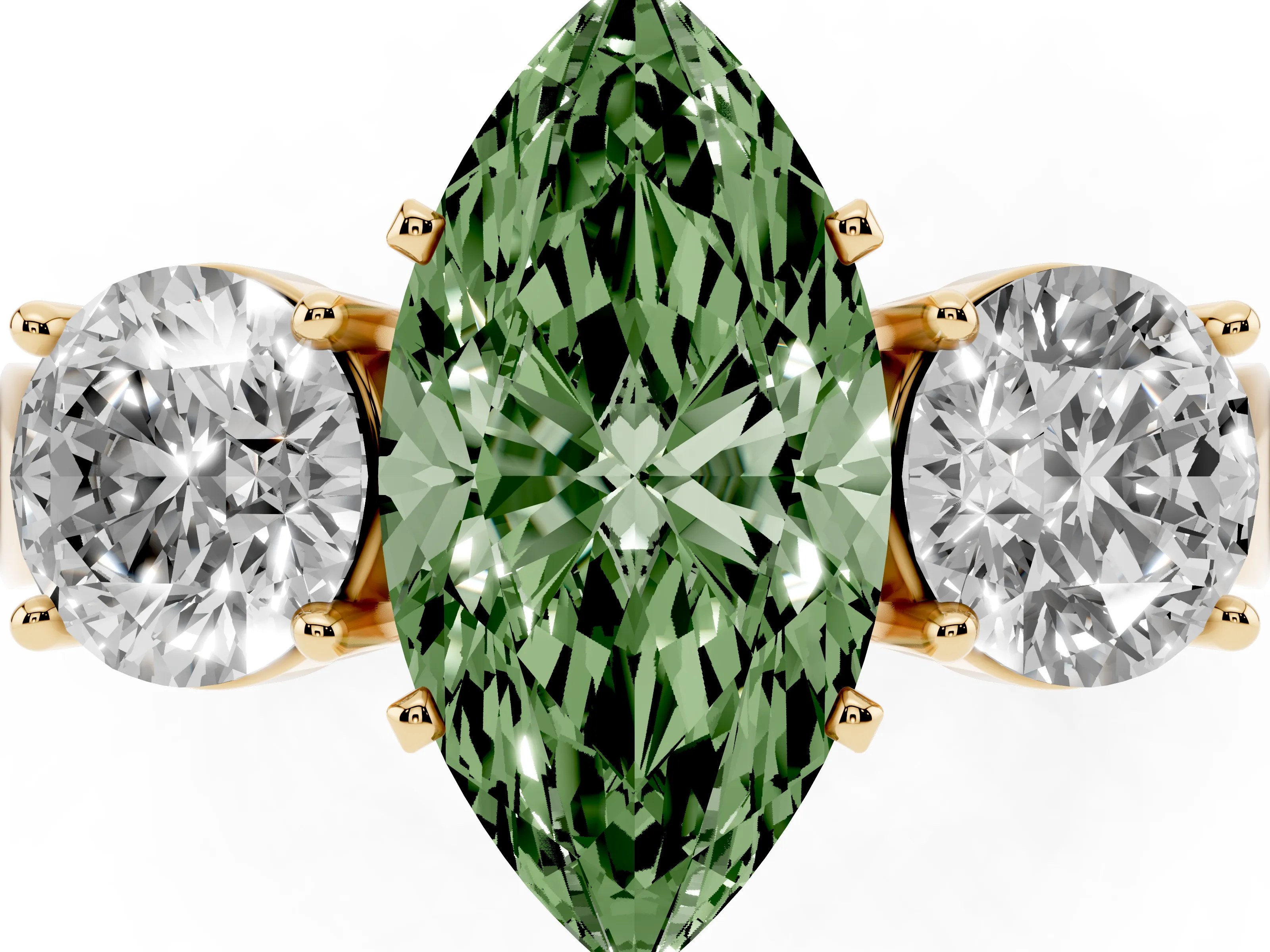 Fancy Green Marquise Cut Diamond Three-Stone Ring Set in Yellow gold with Round Side Stones and Classic Band