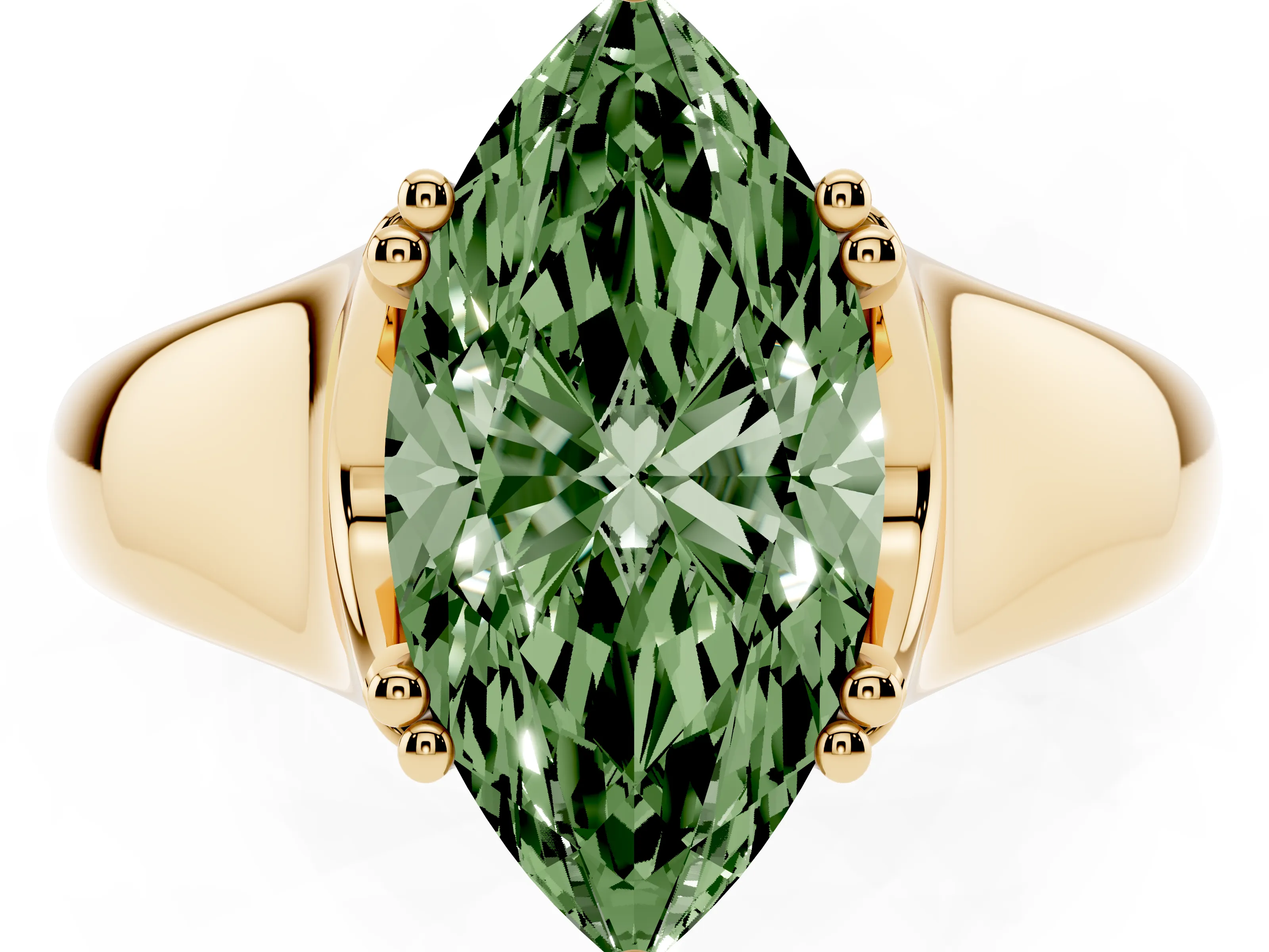 Fancy Green Marquise Cut Diamond Solitaire Ring Set in Yellow gold with Wide Band and Prong Setting