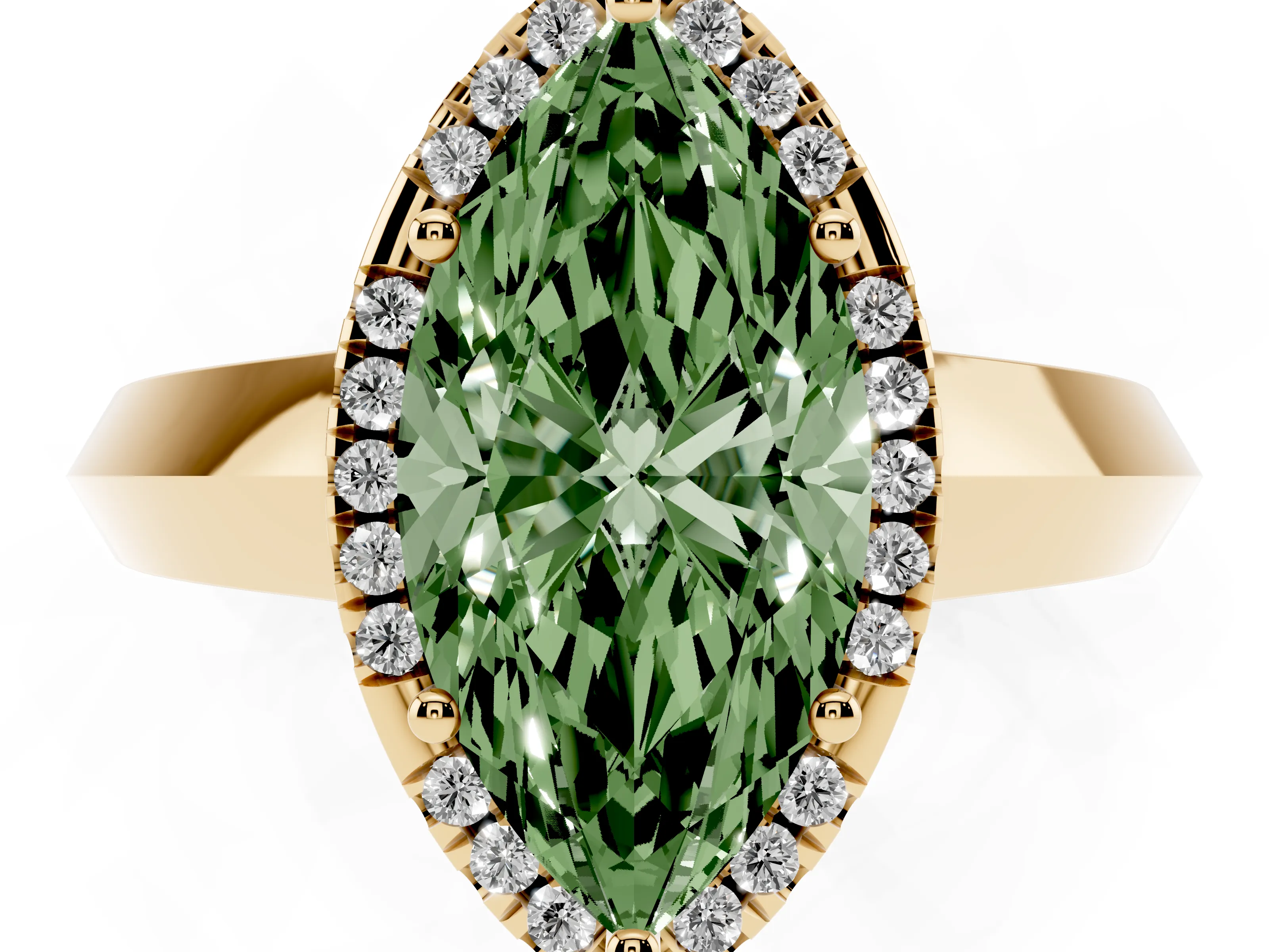 Fancy Green Marquise Cut Diamond Halo Ring Set in Yellow gold with Cathedral Band and Prong Setting