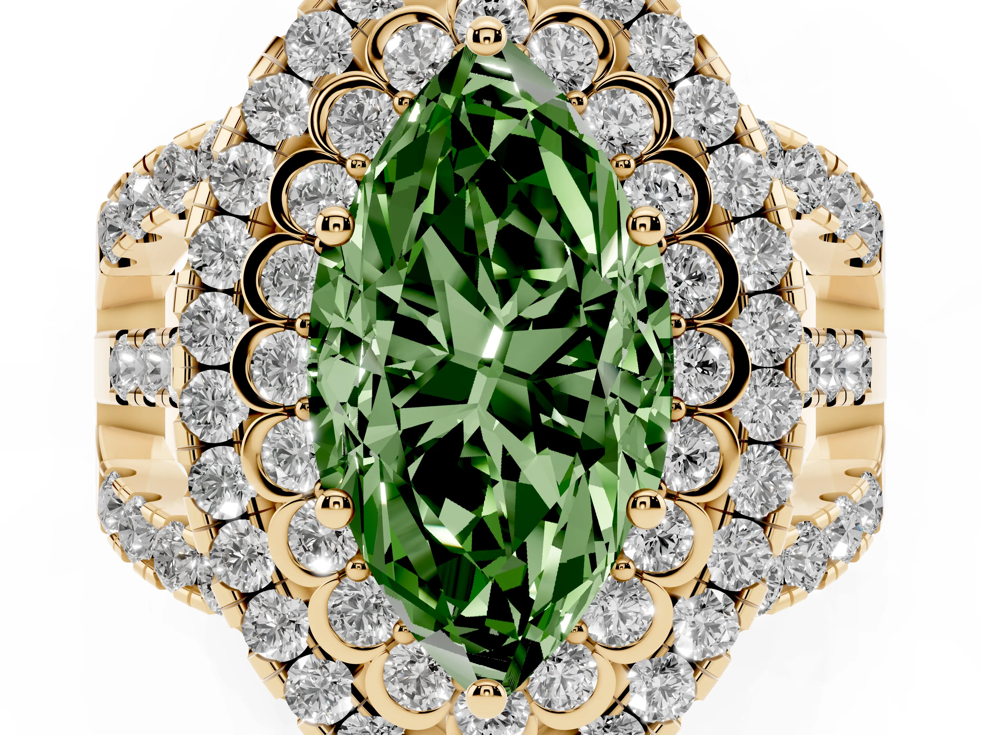 Fancy Green Marquise Cut Diamond Double Halo Ring Set in Yellow gold with Round Pavé Split Shank