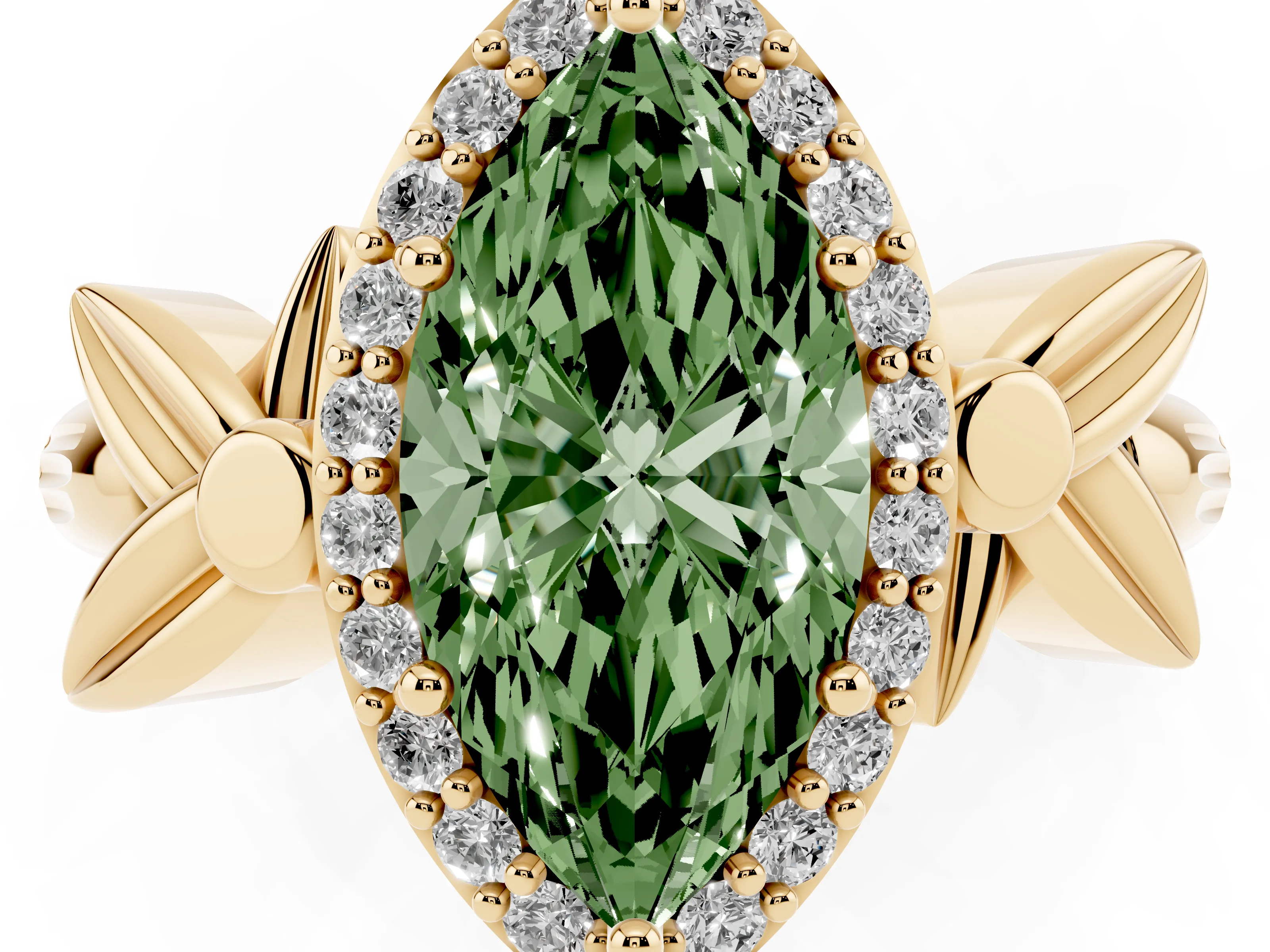 Fancy Green Marquise Cut Diamond Halo Floral Band Ring Set in Yellow gold with Prong Setting