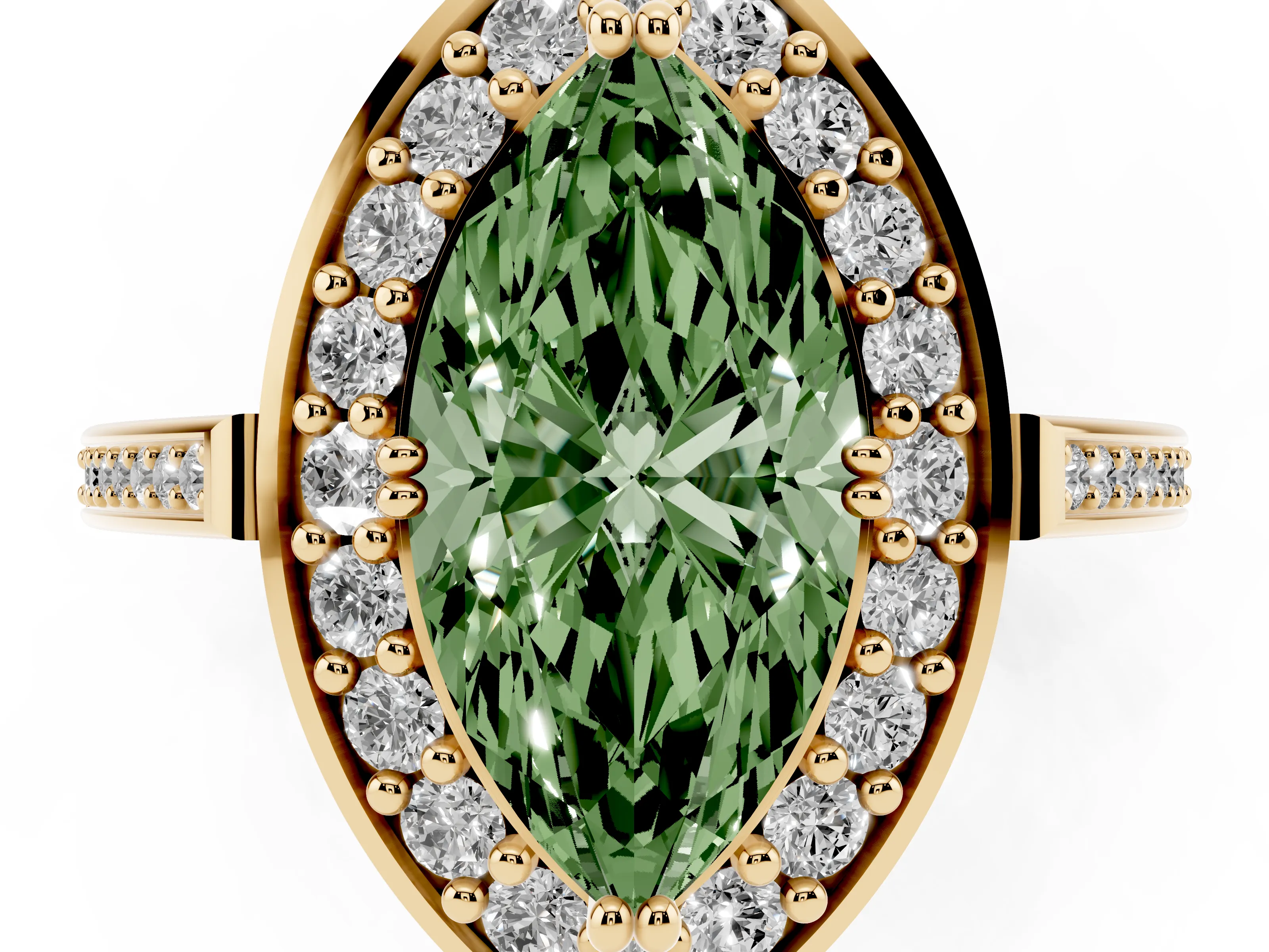 Fancy Green Marquise Cut Diamond Halo Ring Set in Yellow gold with Accent-Lined Split Shank and Prong Setting