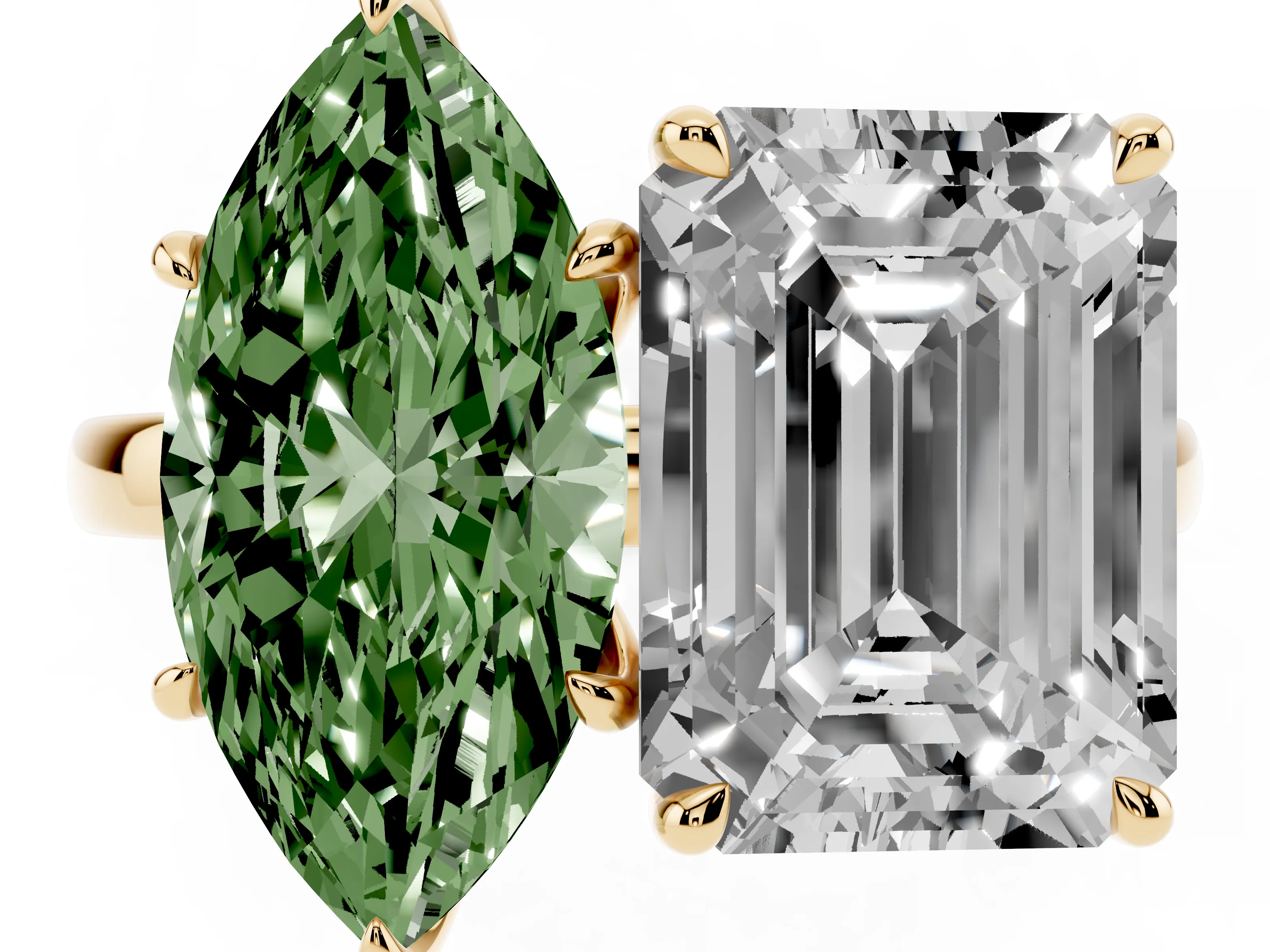 Fancy Green Marquise Cut and Emerald Cut Toi Moi Ring Set in Yellow gold with Prong Setting