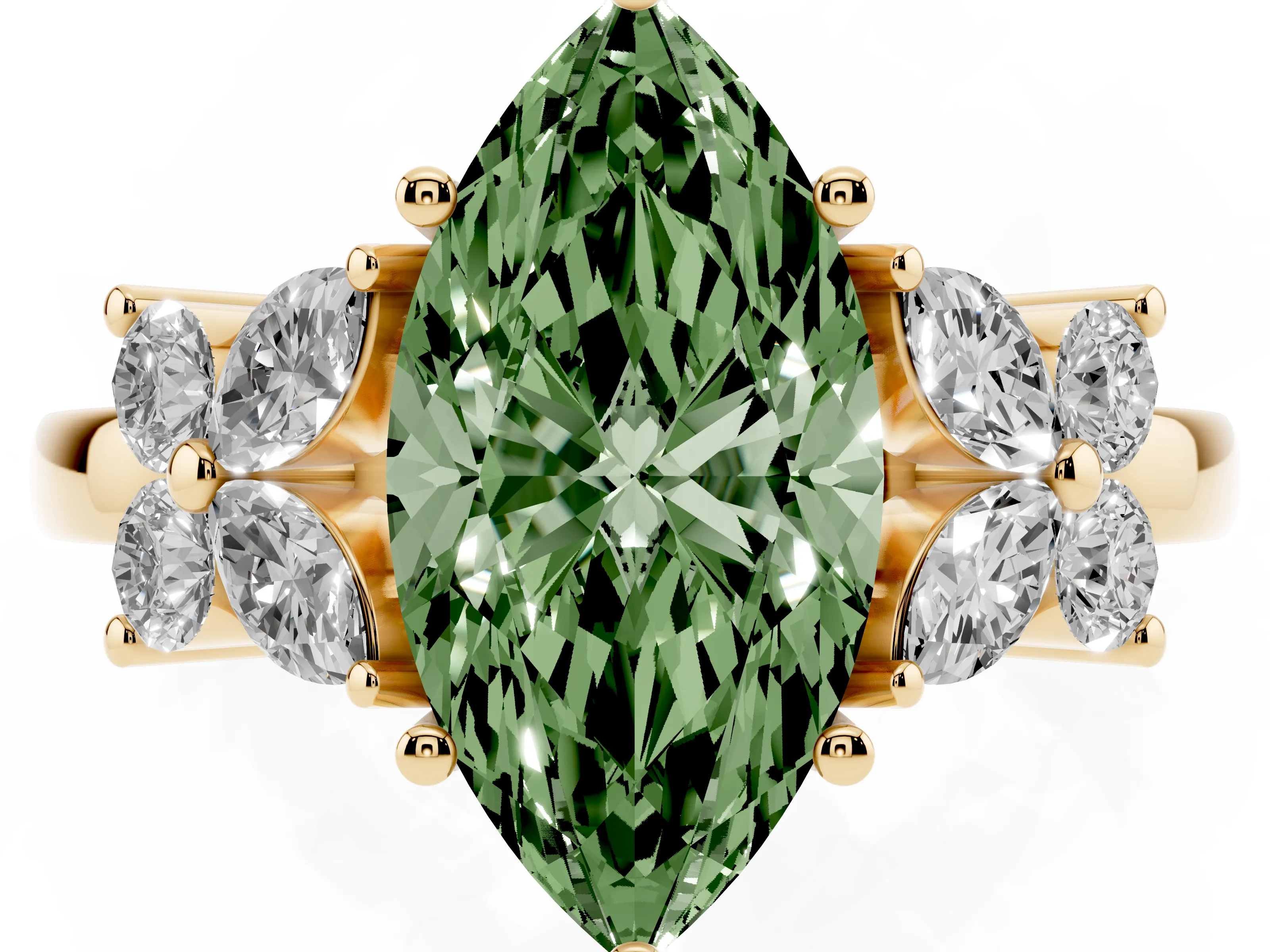 Fancy Green Marquise Cut Diamond Floral Cluster Ring Set in Yellow gold with Marquise Petals and Prong Setting
