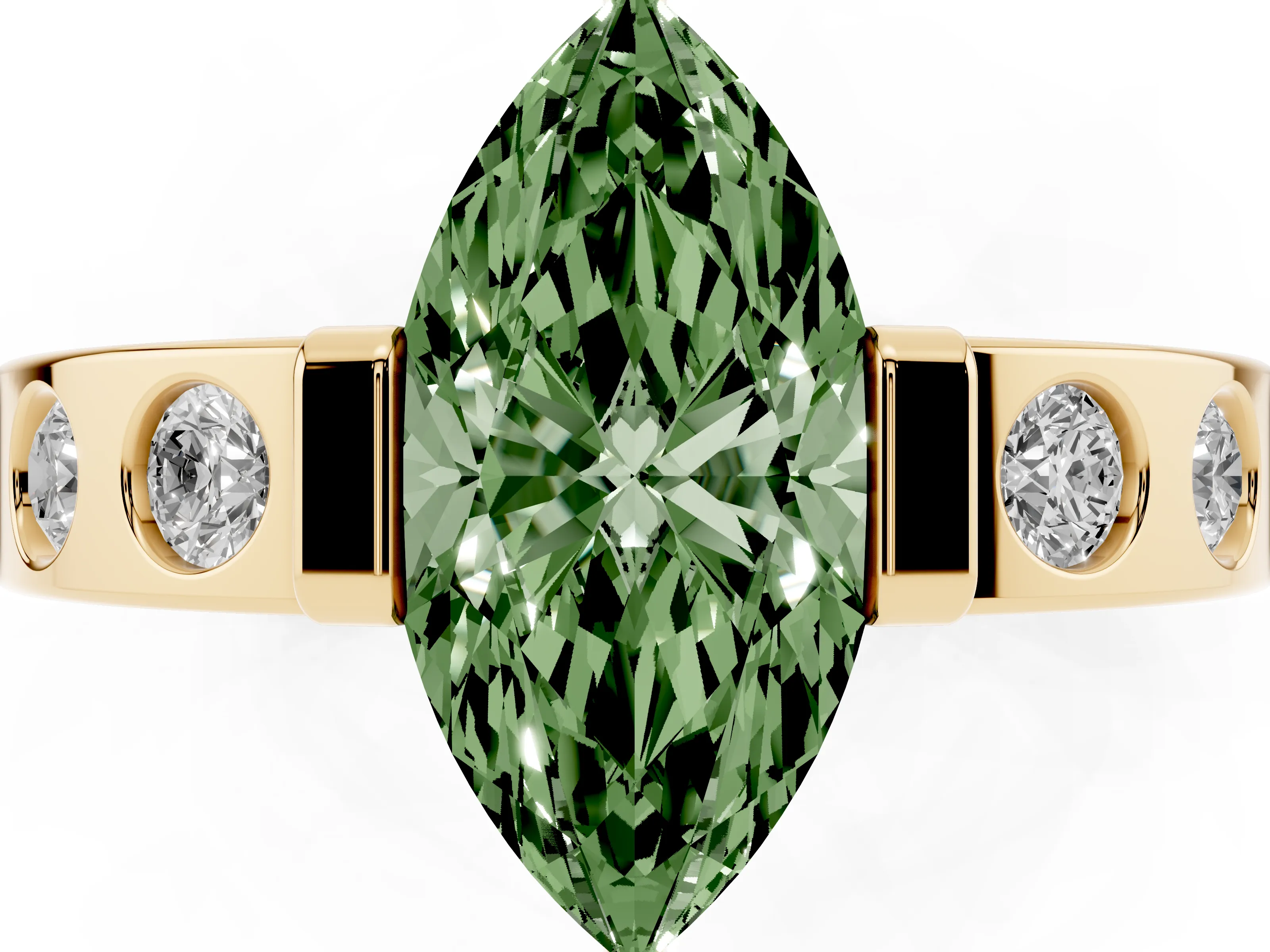 Fancy Green Marquise Cut Diamond Channel-Set Band Ring Set in Yellow gold with Bezel Prong Setting