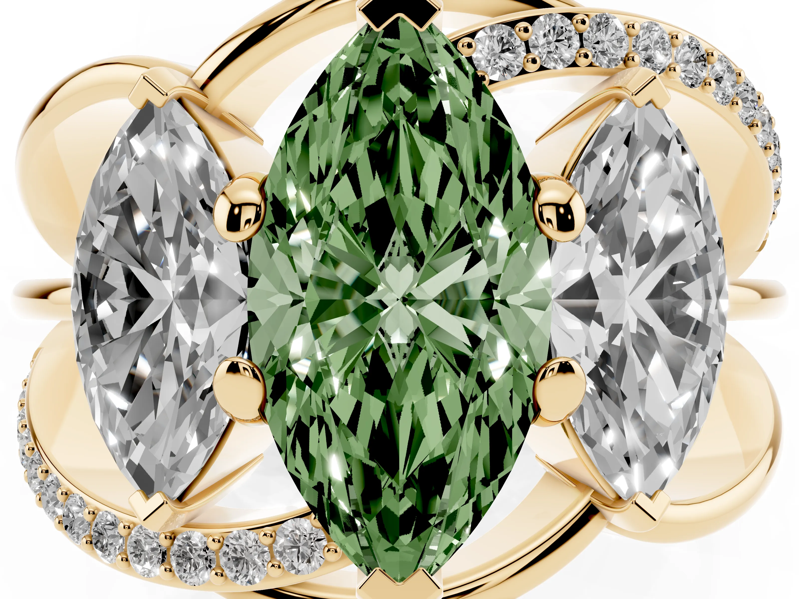 Fancy Green Marquise Cut Diamond Three-Stone Ring Set in Yellow gold with Split Shank and Prong Setting