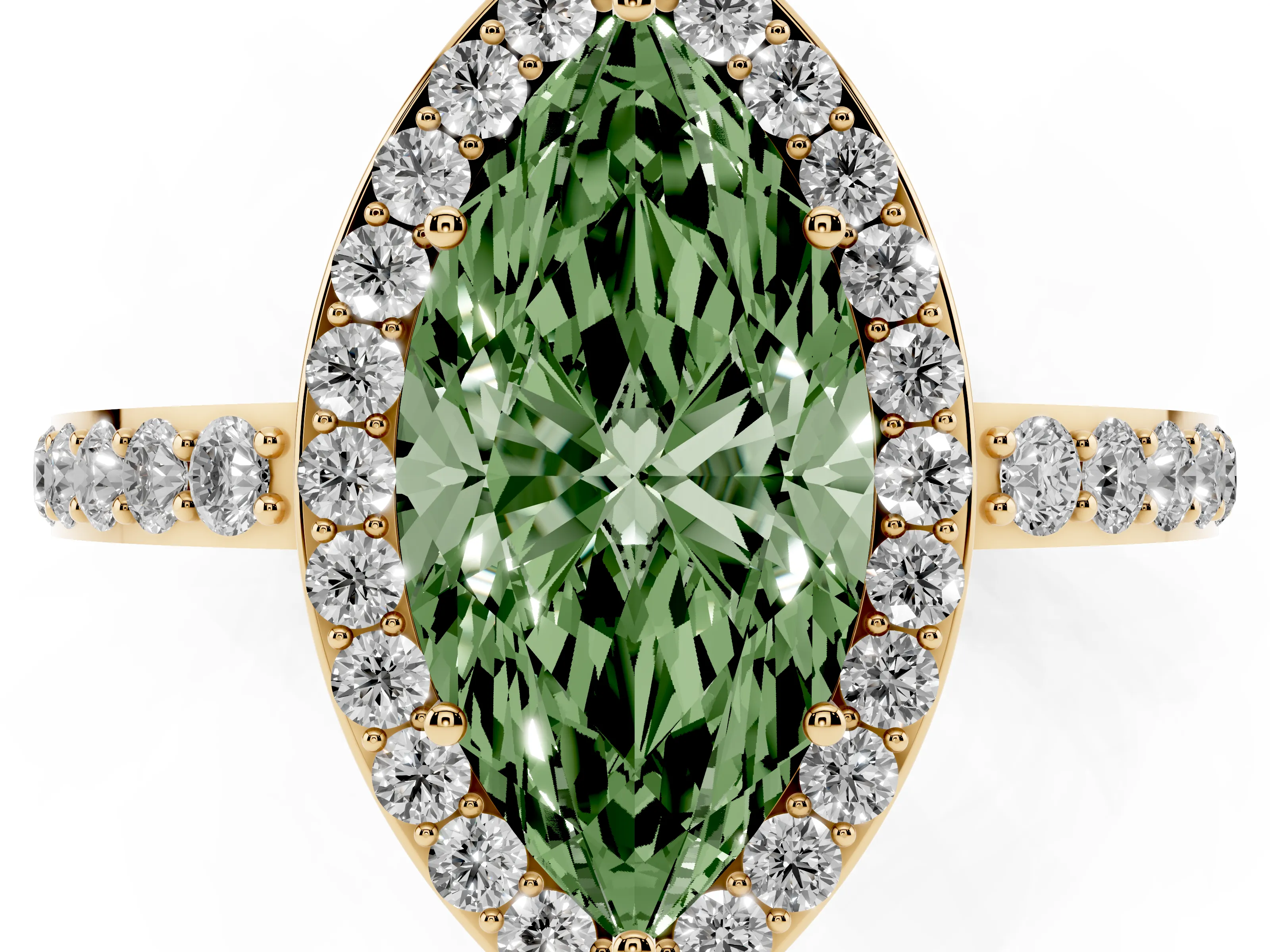 Fancy Green Marquise Cut Diamond Halo Ring Set in Yellow gold with Pavé-Setting Band and Open Prong Center