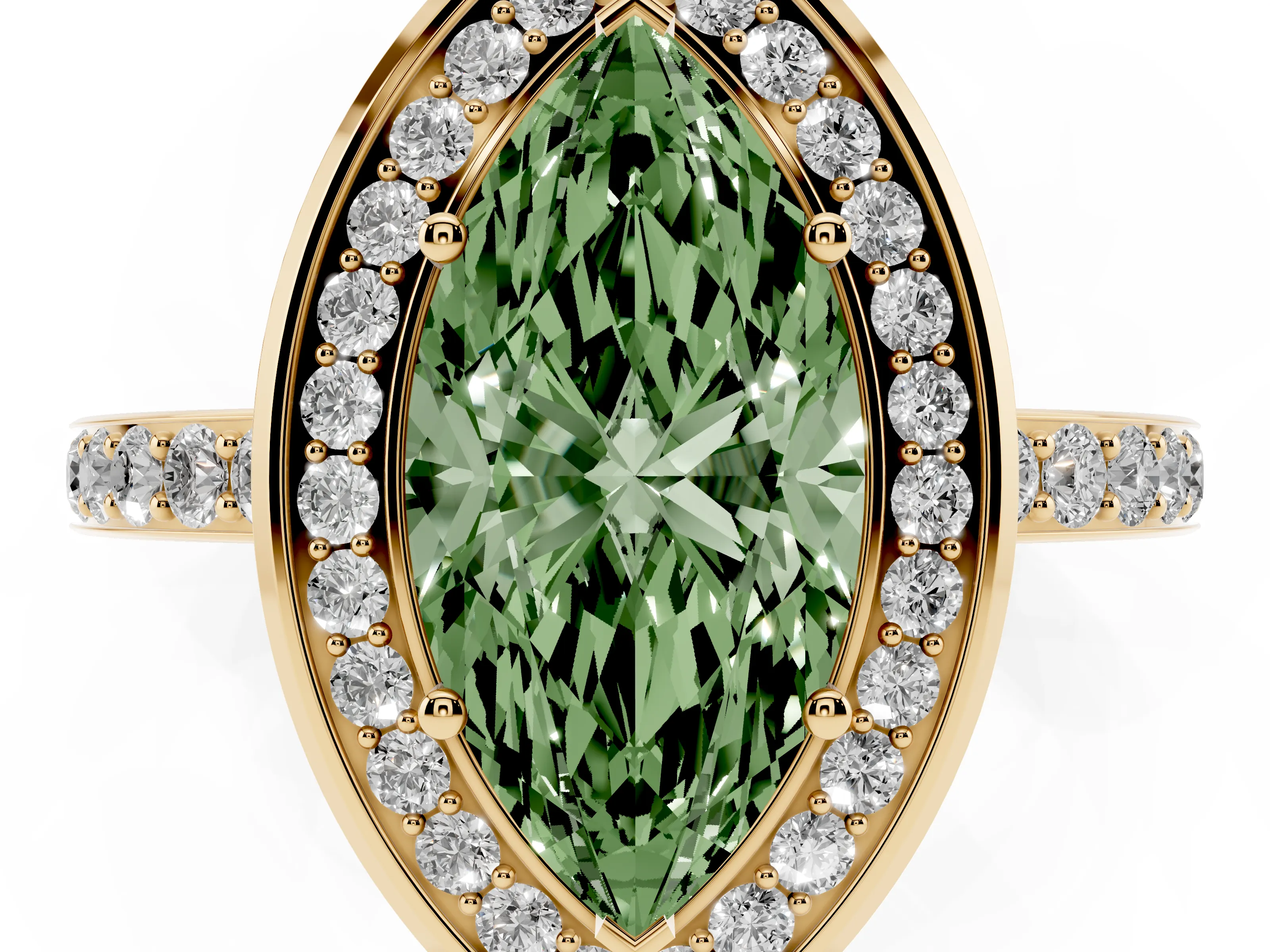 Fancy Green Marquise Cut Diamond Halo Ring Set in Yellow gold with Bezel Frame and Pavé Band