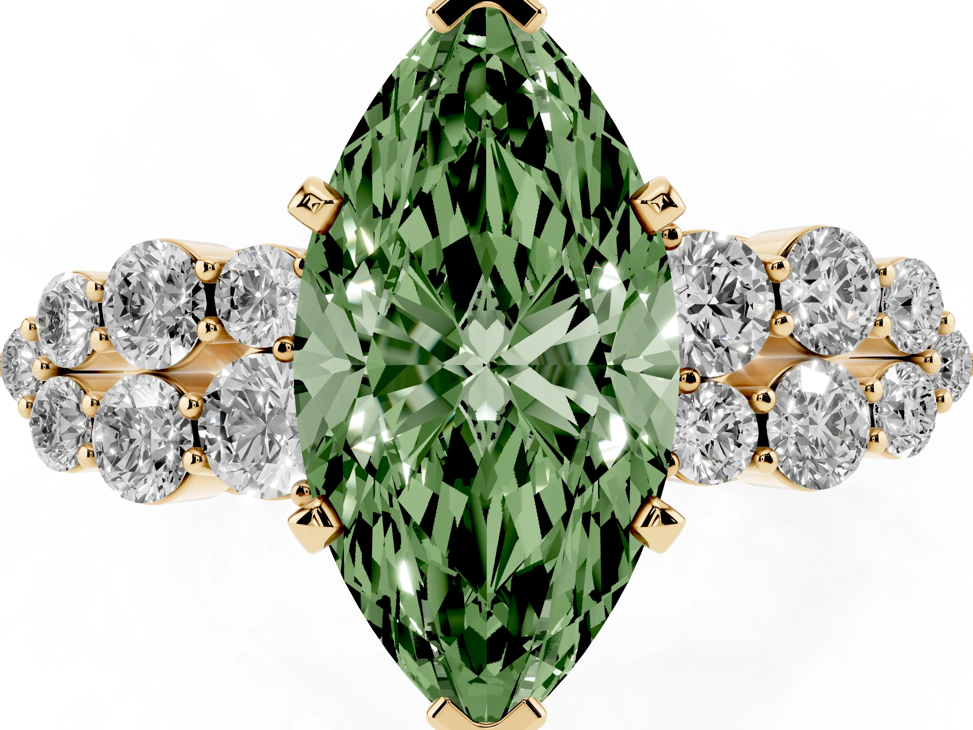 Fancy Green Marquise Cut Diamond Cluster Engagement Ring Set in Yellow gold with Pavé Band and Prong Setting