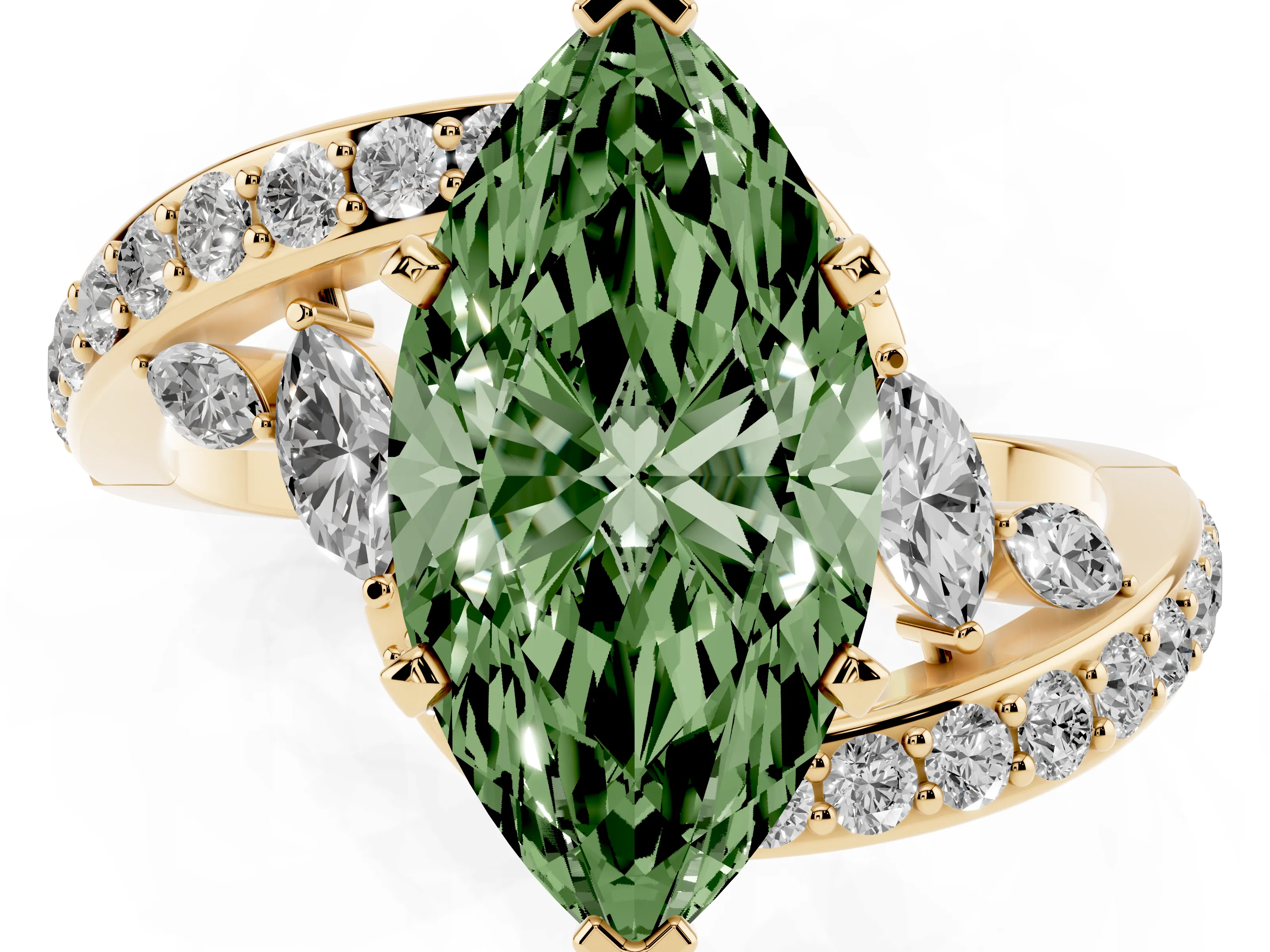 Fancy Green Marquise Cut Diamond Solitaire Ring Set in Yellow gold with Pavé Twist Band and Secure Prong Setting