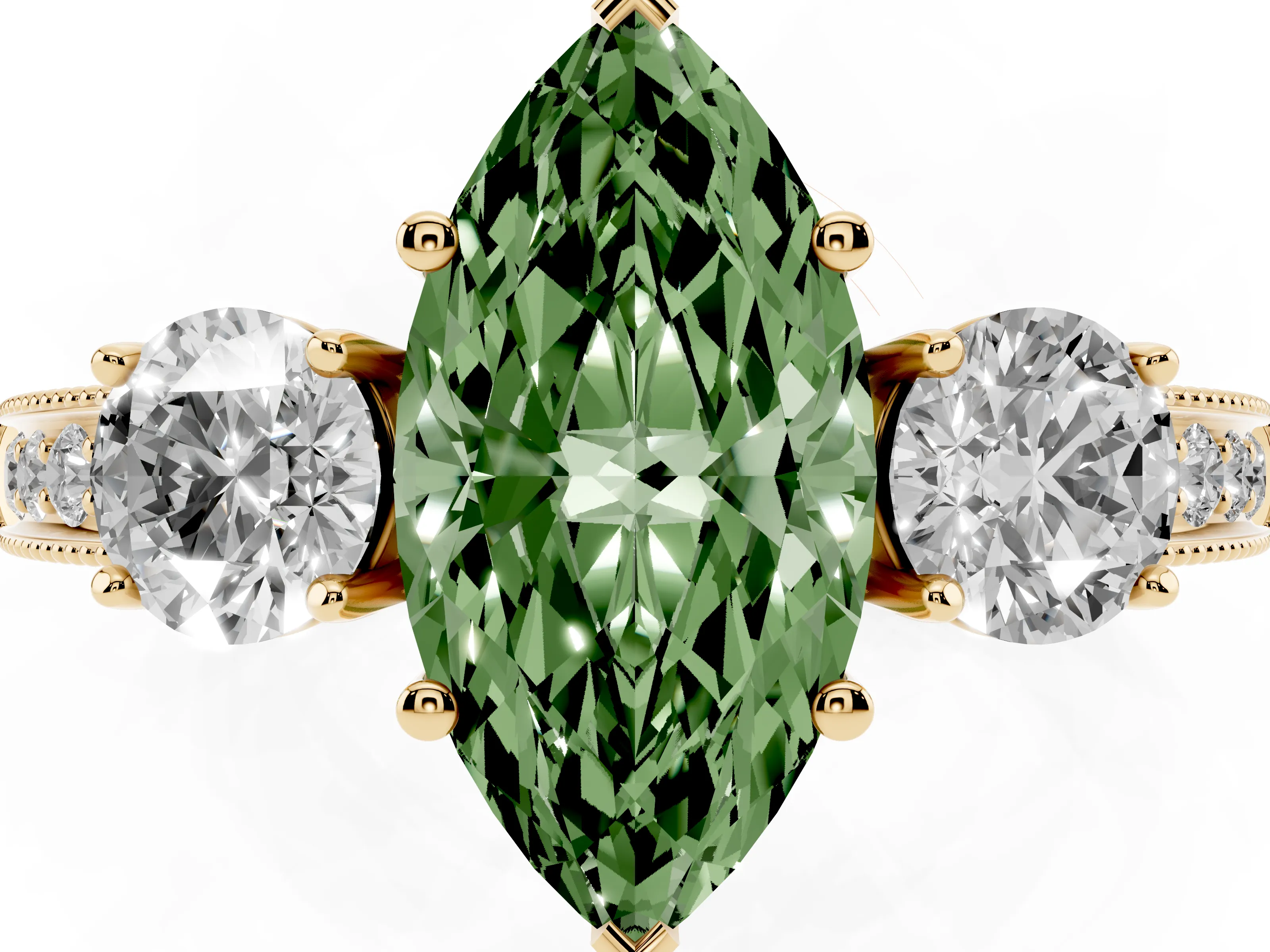 Fancy Green Marquise Cut Diamond Three-Stone Ring Set in Yellow gold with Round Side Stones and Pavé Band