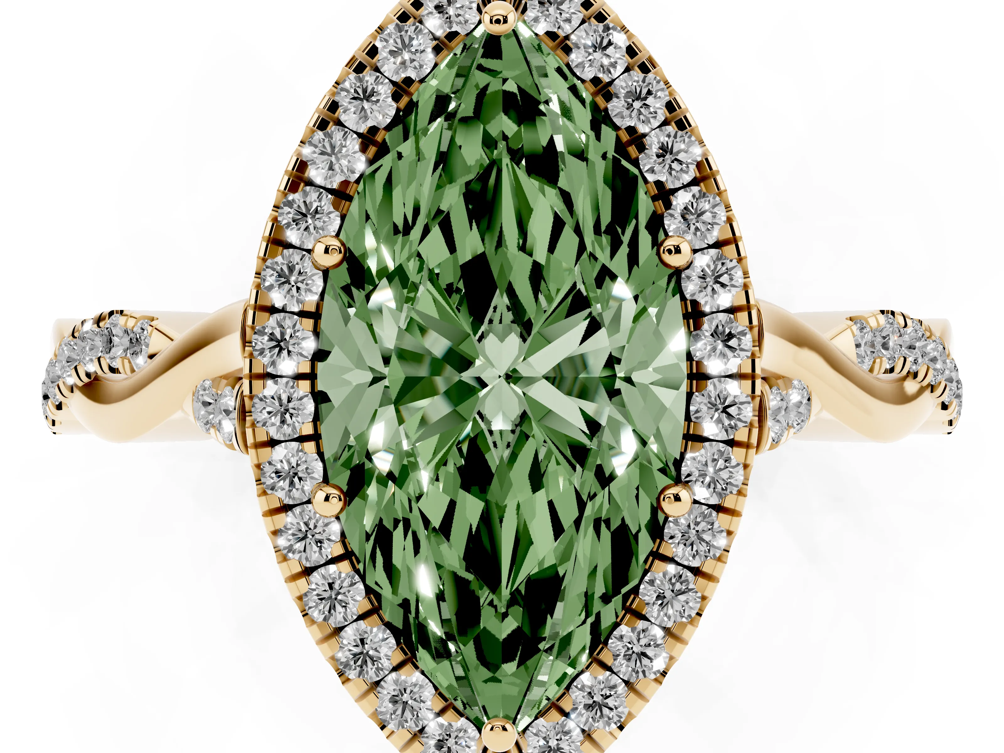 Fancy Green Marquise Cut Diamond Halo Twist Band Solitaire Ring Set in Yellow gold with Prong Setting
