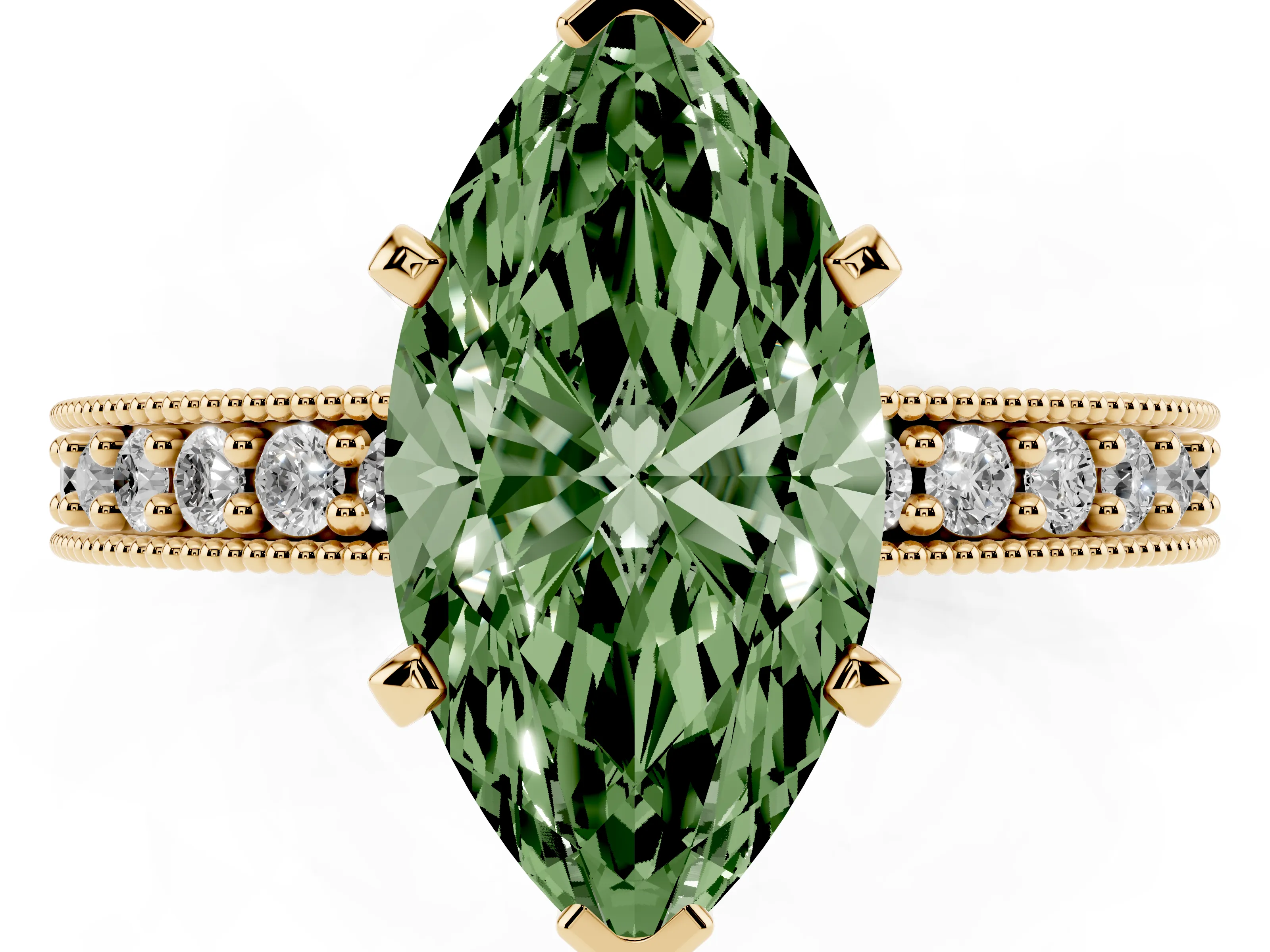 Fancy Green Marquise Cut Diamond Milgrain Pavé Engagement Ring Set in Yellow gold with Prong Setting
