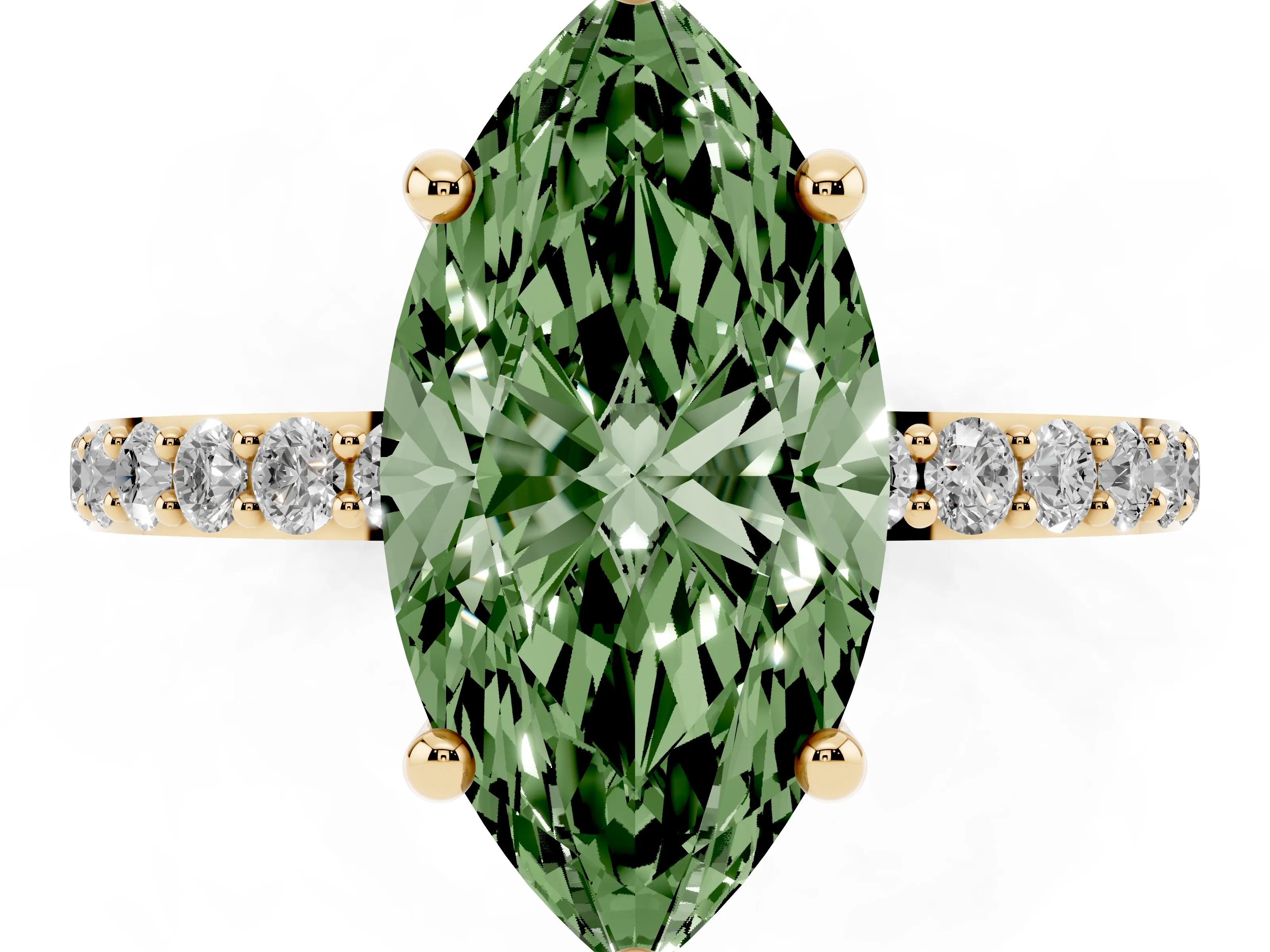 Fancy Green Marquise Cut Diamond Solitaire Ring Set in Yellow gold with Round Pavé Band and Prong Setting