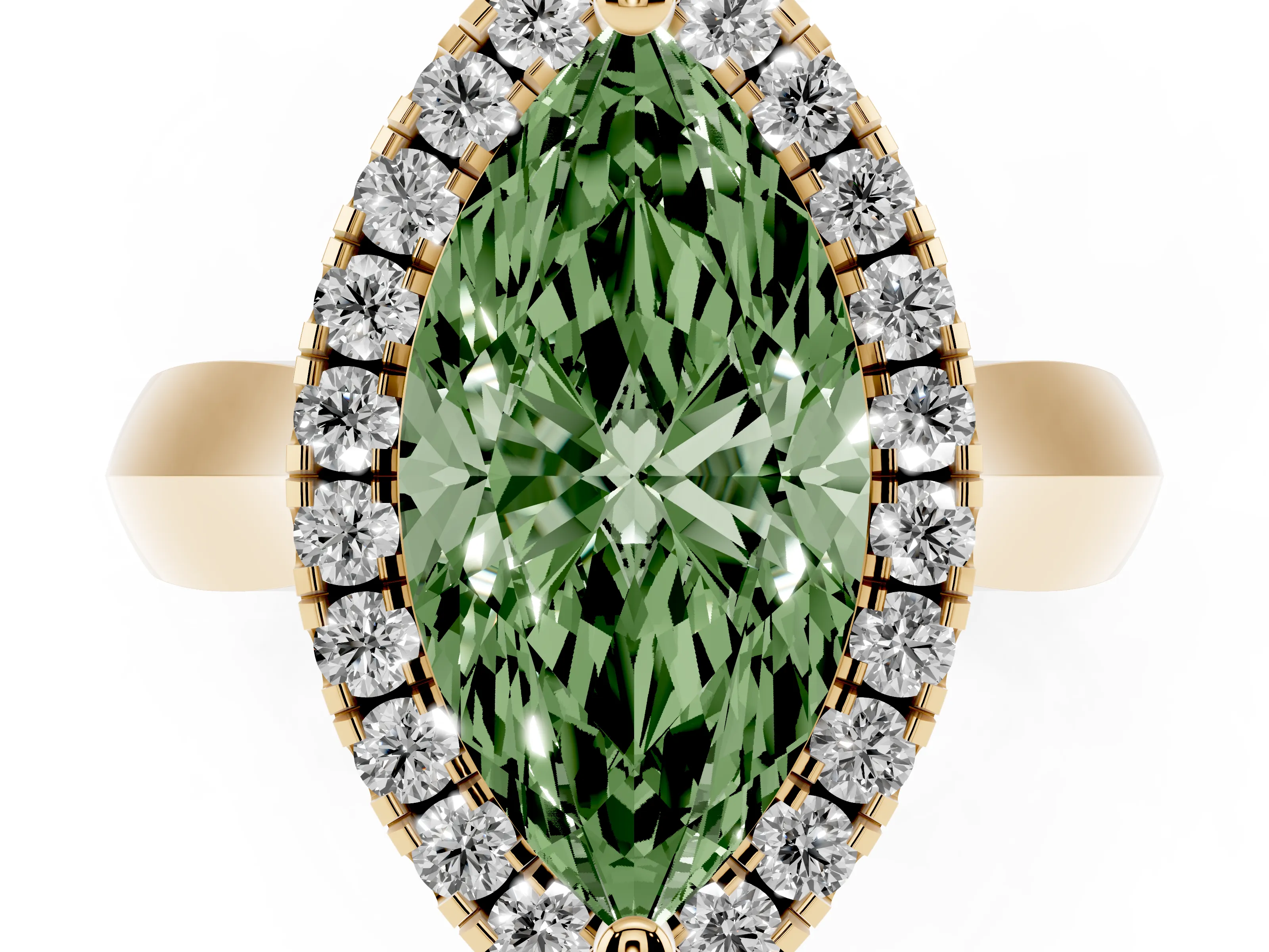 Fancy Green Marquise Cut Diamond Halo Solitaire Engagement Ring Set in Yellow gold with Square Band and Prong Setting