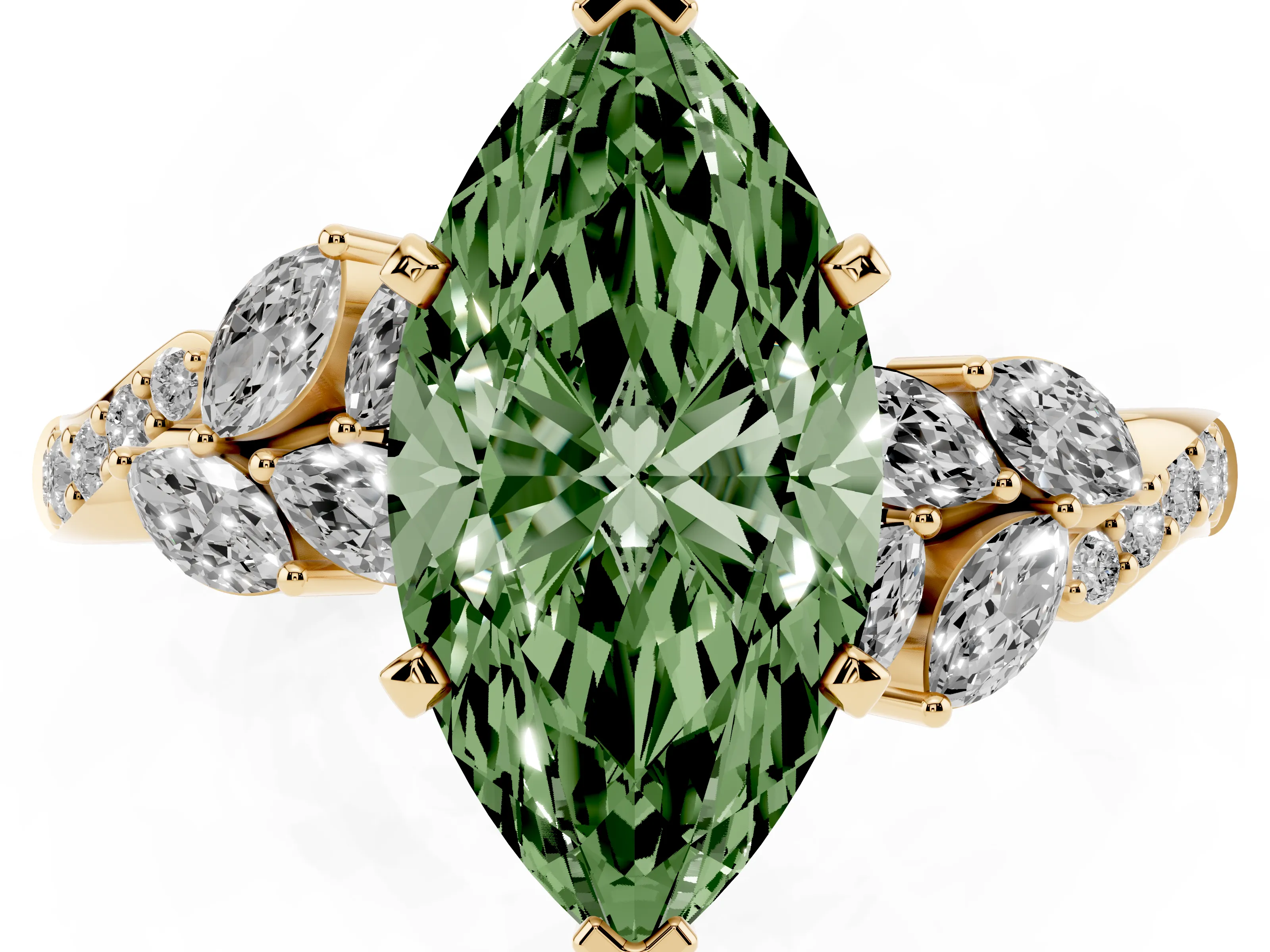 Fancy Green Marquise Cut Diamond Solitaire Ring Set in Yellow gold with Marquise Twist Band and Prong Setting