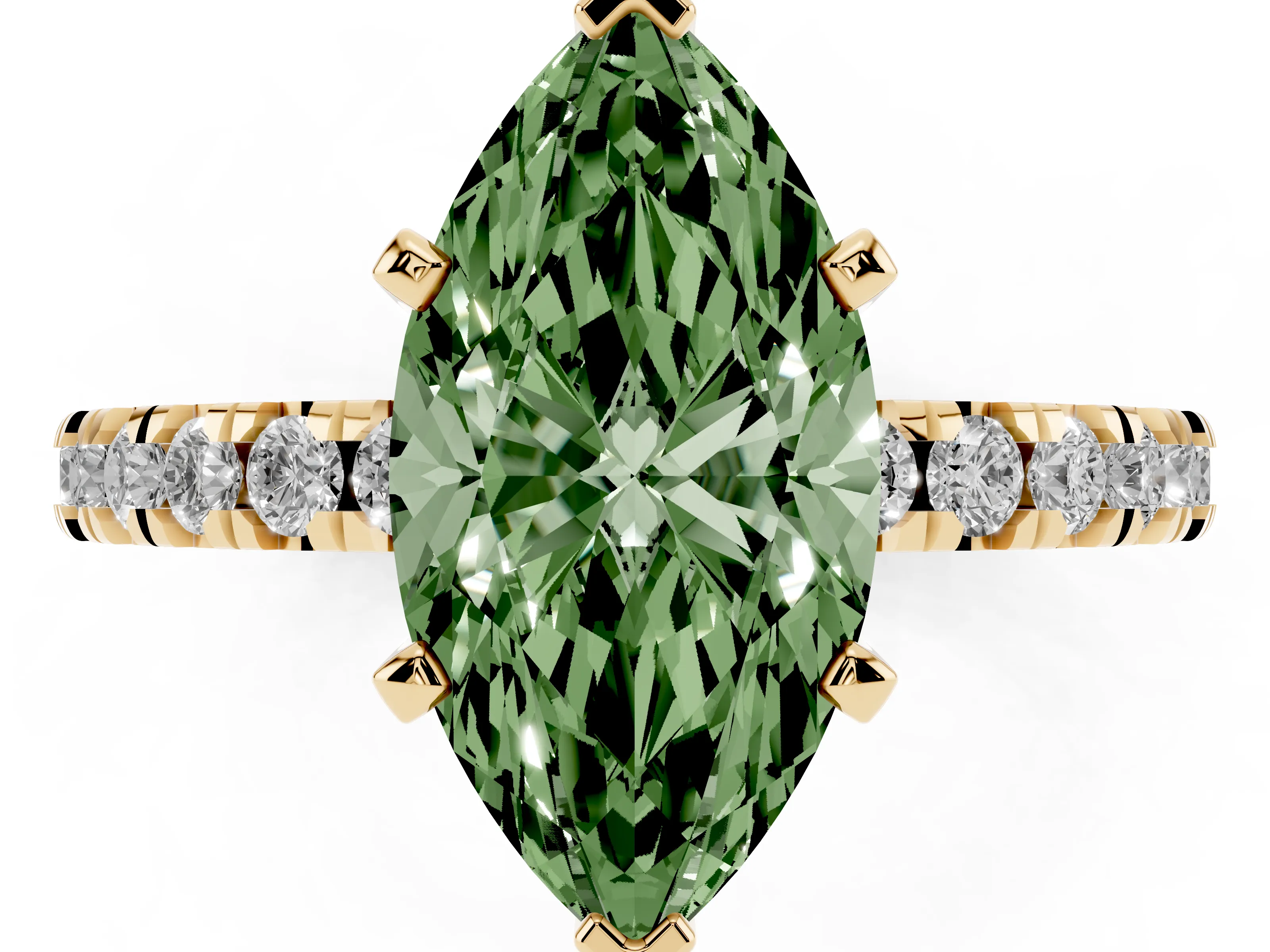 Fancy Green Marquise Cut Diamond Pavé Band Solitaire Set in Yellow gold with Prong Setting