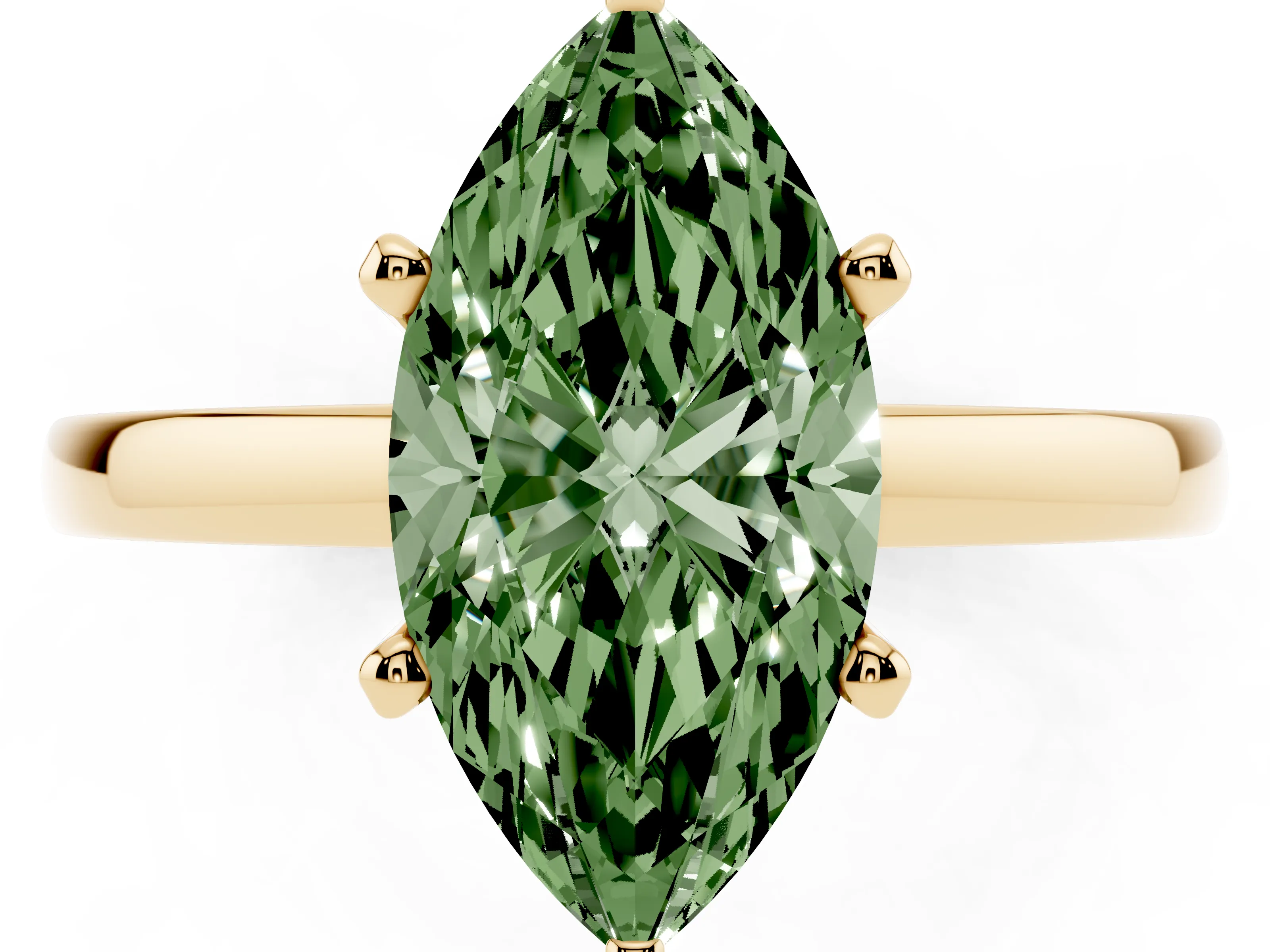 Fancy Green Marquise Cut Diamond Solitaire Engagement Ring Set in Yellow gold with Prong Setting on a Classic Band