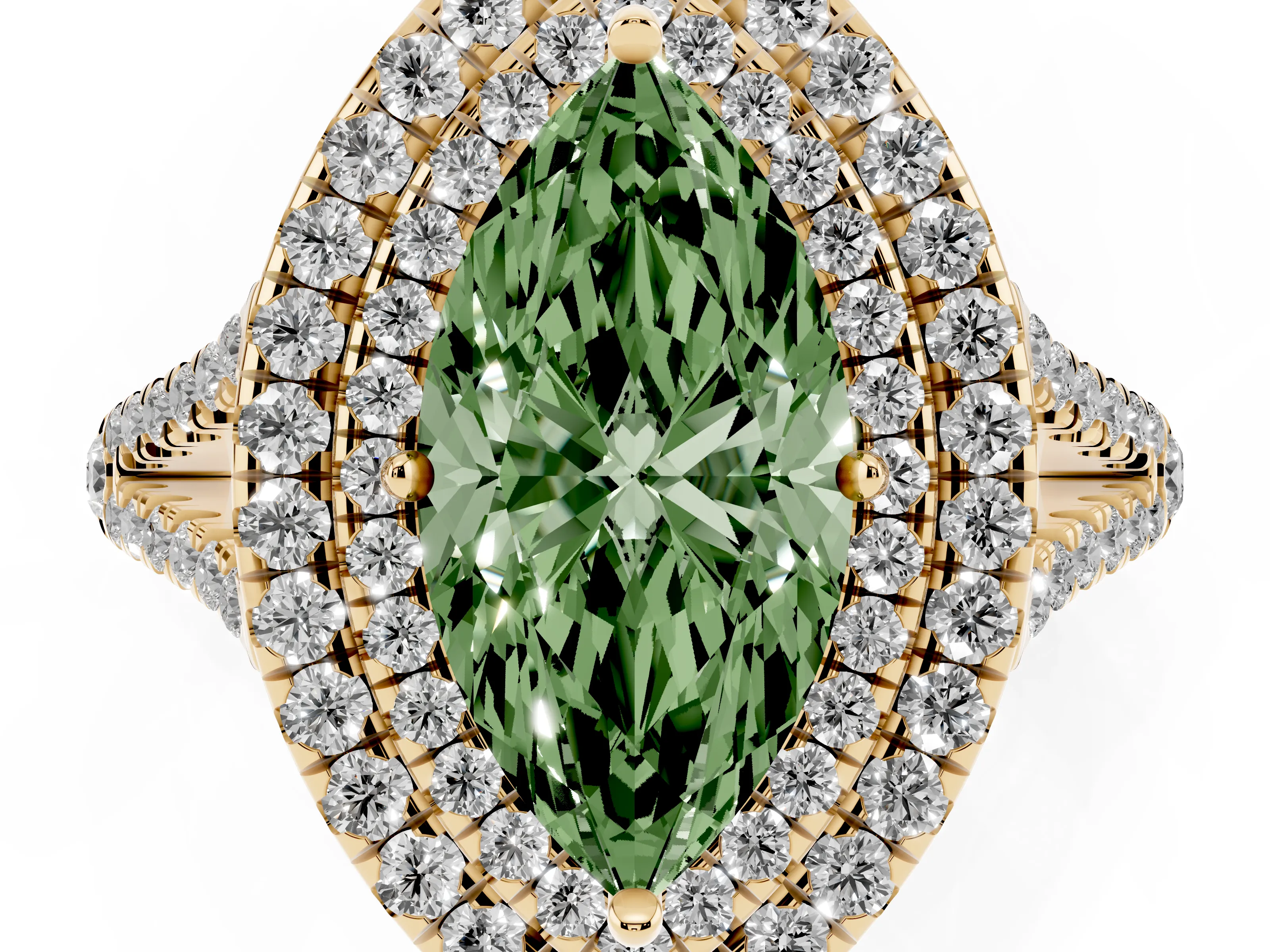 Fancy Green Marquise Cut Diamond Double Halo Ring Set in Yellow gold with Pavé Band