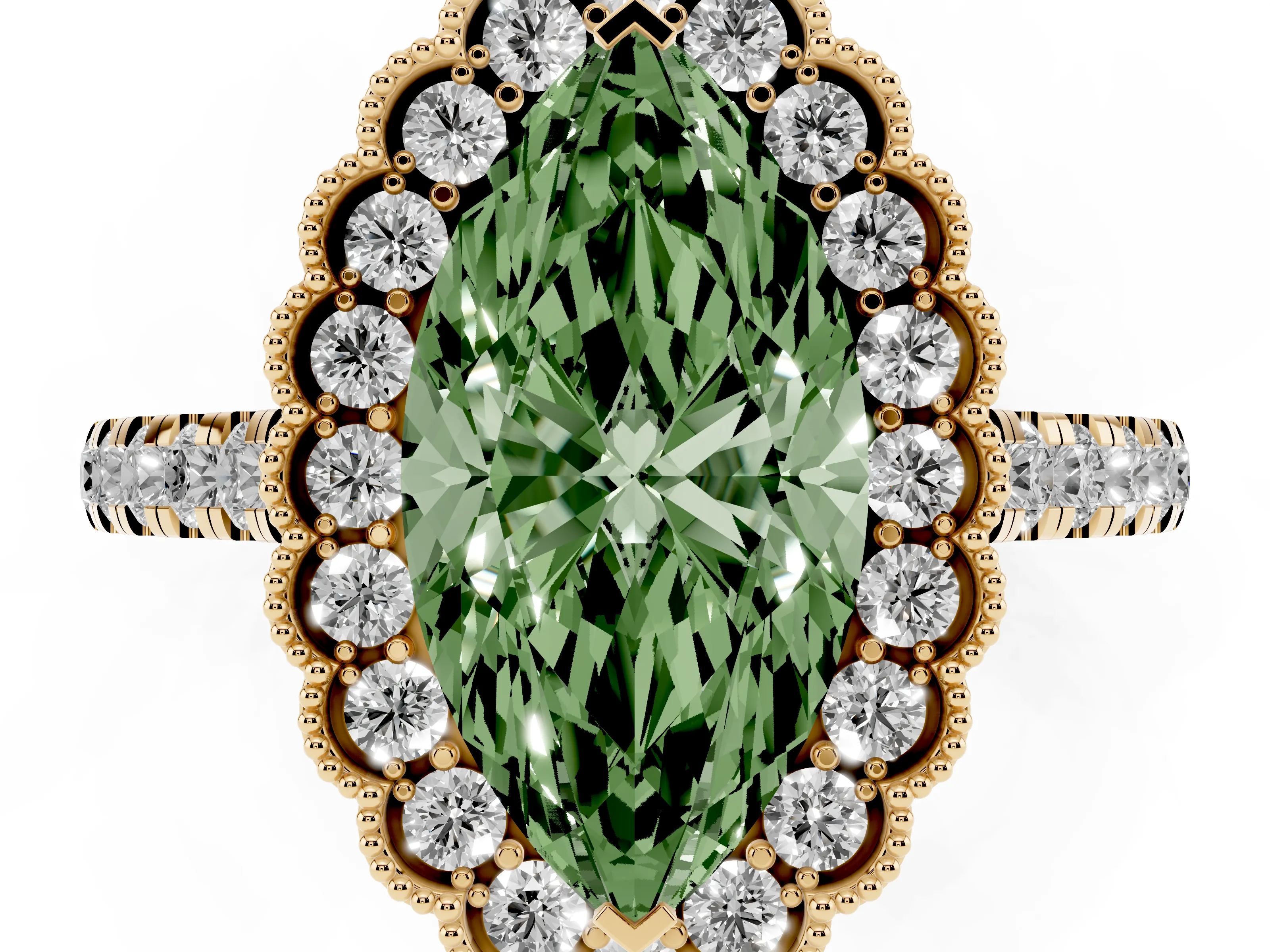 Fancy Green Marquise Cut Diamond Milgrain Floral Halo Engagement Ring Set in Yellow gold with Pavé Band