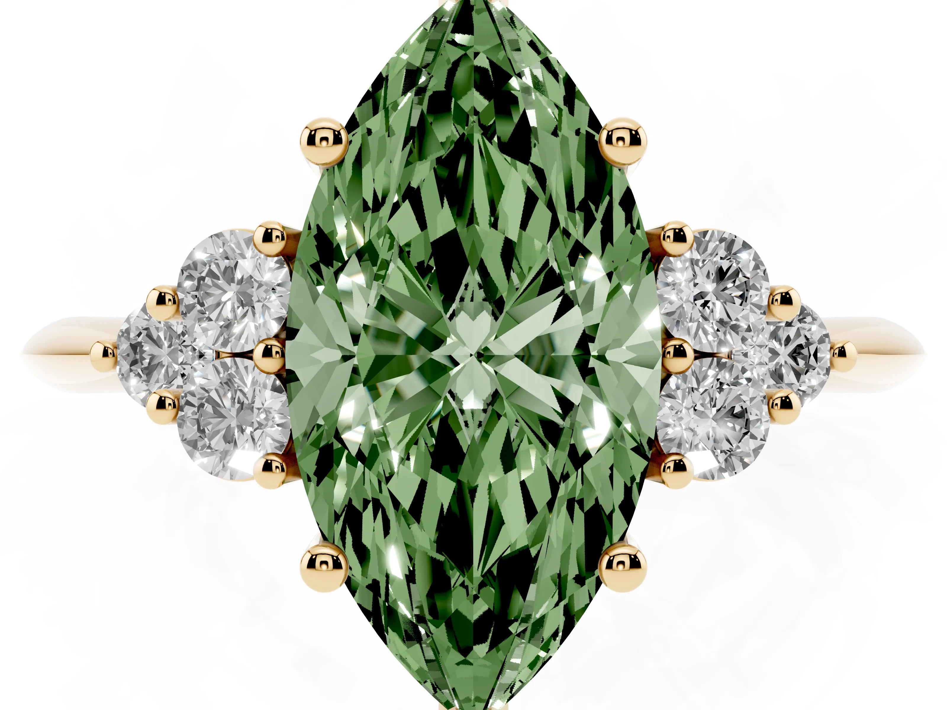 Fancy Green Marquise Cut Diamond Cluster Ring Set in Yellow gold with Plain Band and Prong Setting