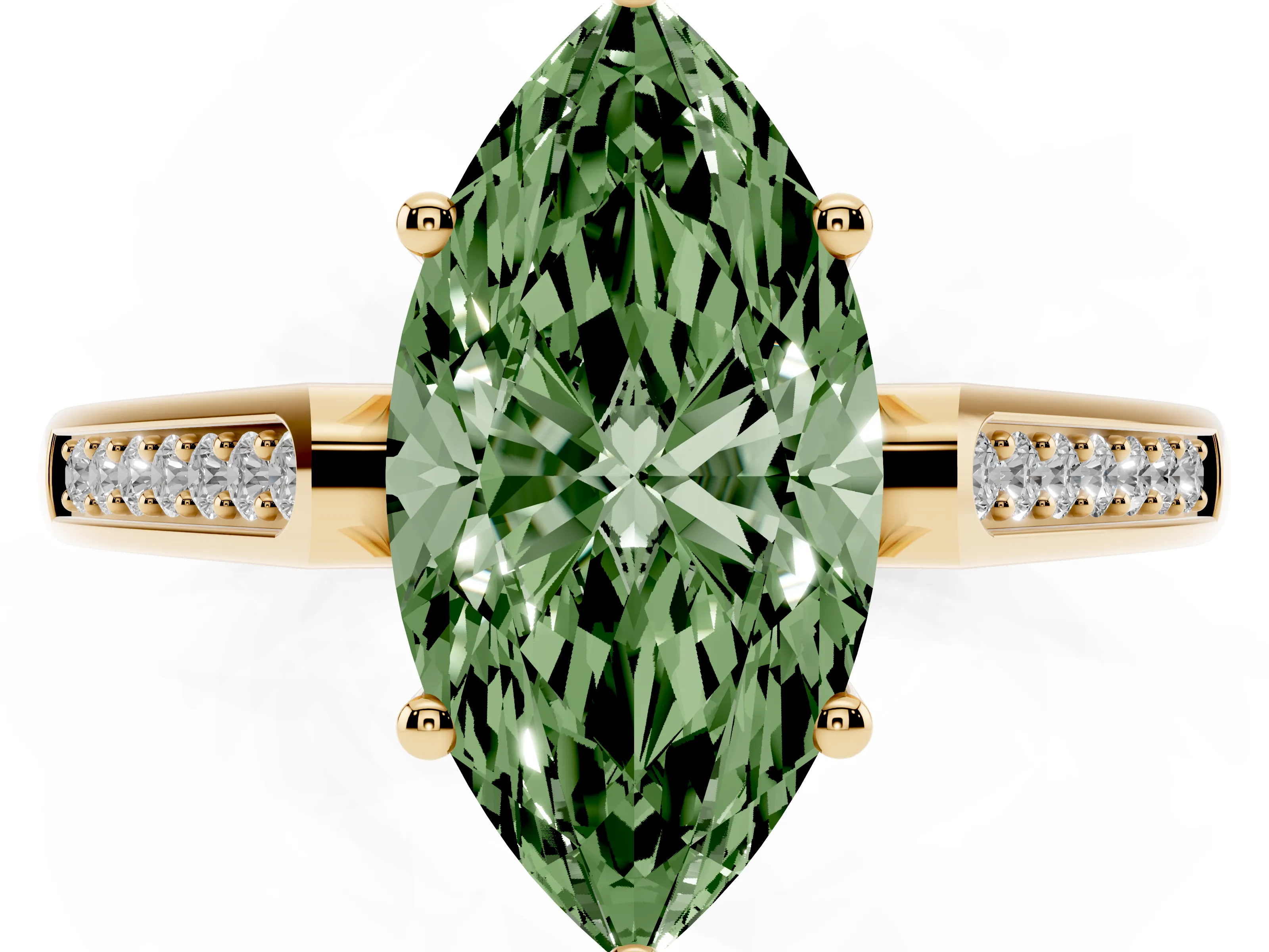 Fancy Green Marquise Cut Diamond Solitaire Cathedral Engagement Ring Set in Yellow gold with Channel-Set Band and Prong Setting