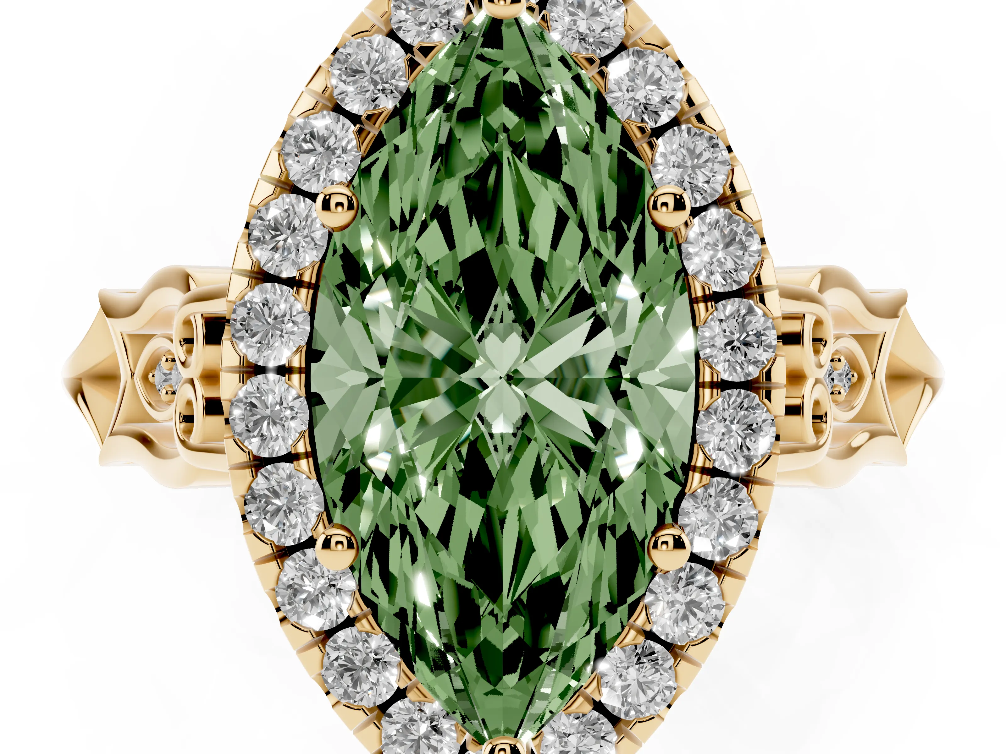 Fancy Green Marquise Cut Diamond Halo Engagement Ring Set in Yellow gold with Filigree Band and Prong-Set Center