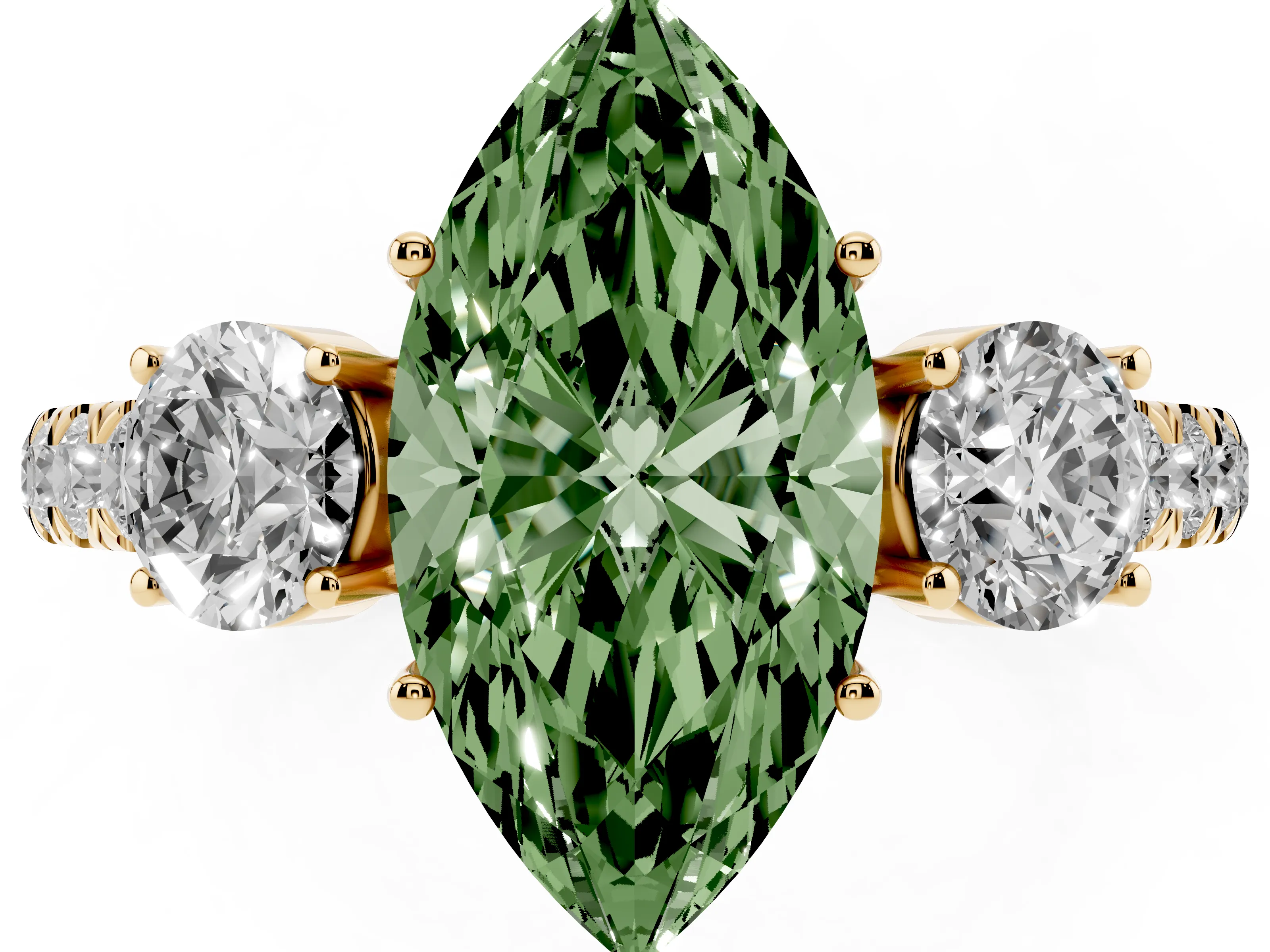 Fancy Green Marquise Cut Diamond Three-Stone Ring Set in Yellow gold with Round Side Stones and Delicate Pavé Band