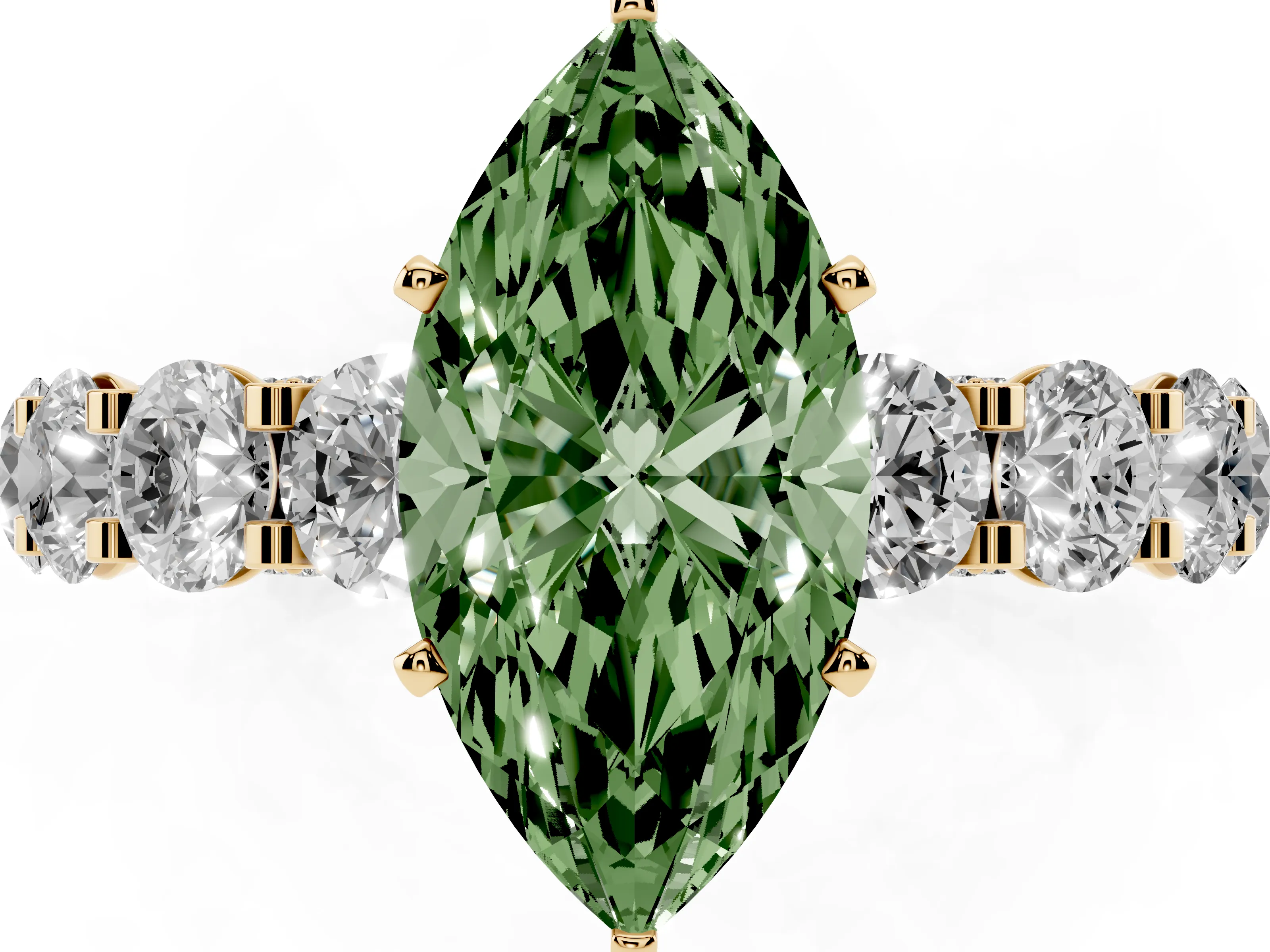 Fancy Green Marquise Cut Diamond Side Stone Ring Set in Yellow gold with Alternating Round and Oval Side Stones