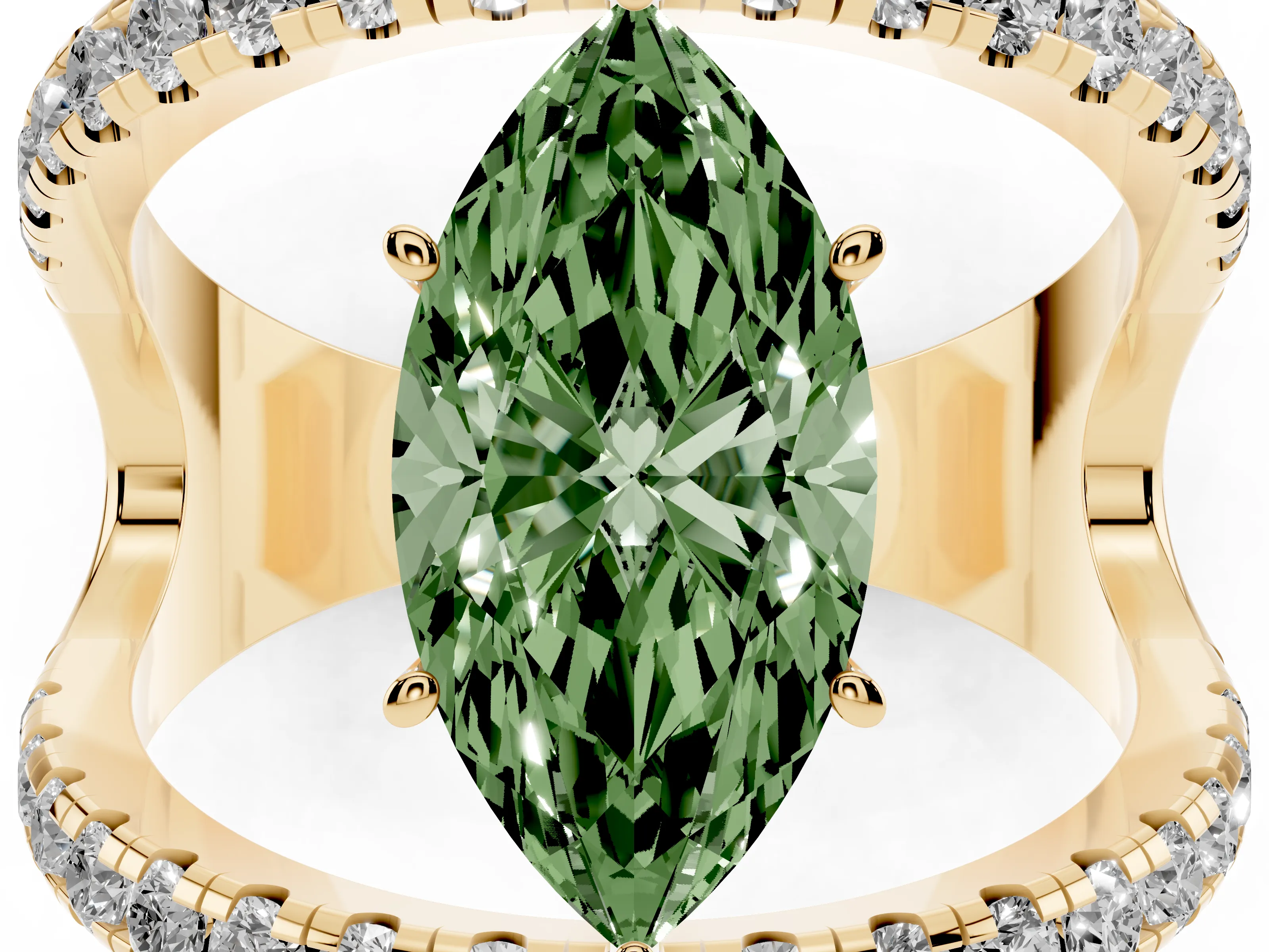 Fancy Green Marquise Cut Diamond Split Shank Pavé Solitaire Ring Set in Yellow gold with Open Shank Design
