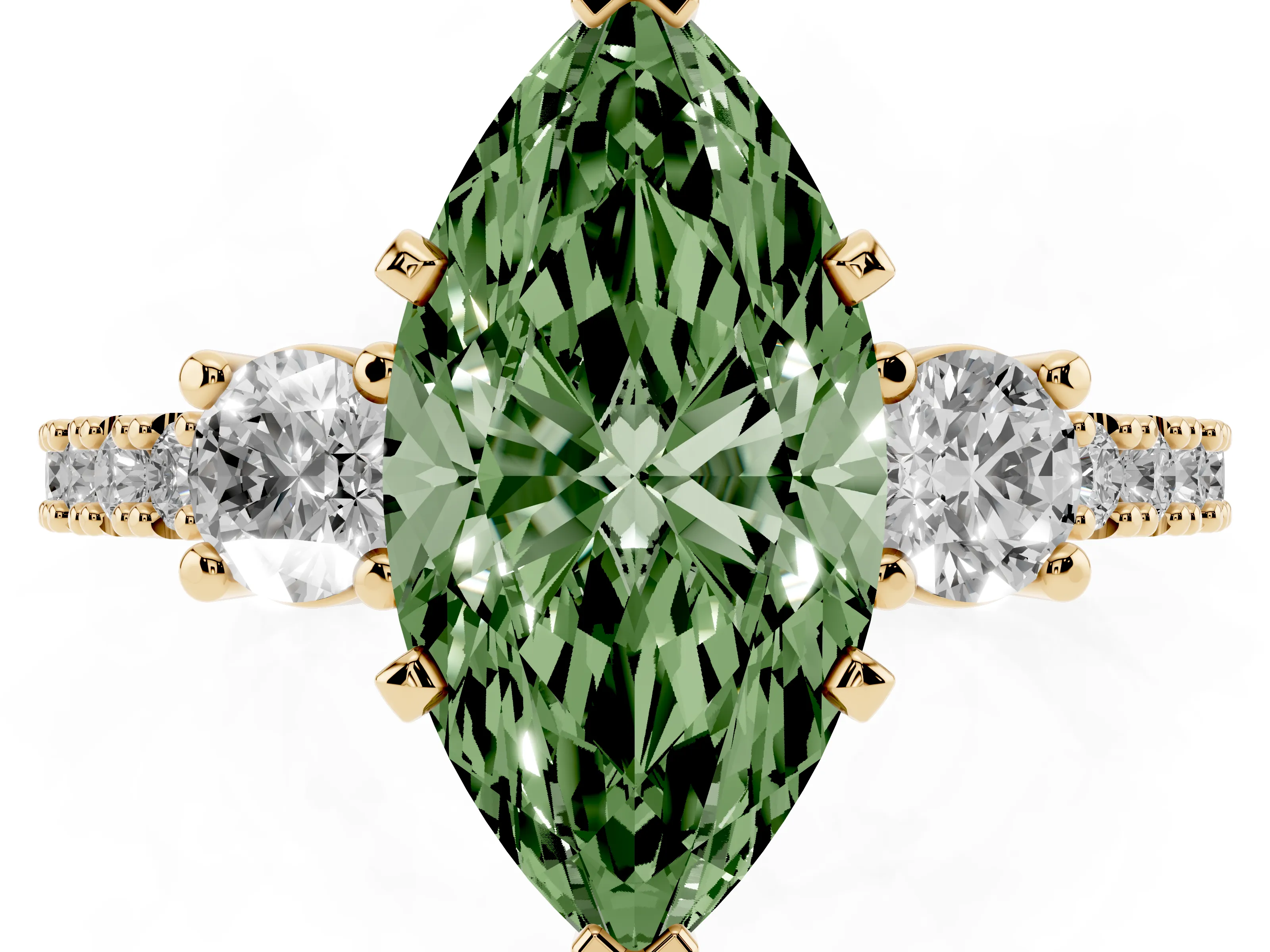 Fancy Green Three-Stone Marquise Cut Diamond Pavé Band Ring Set in Yellow gold with Prong Setting