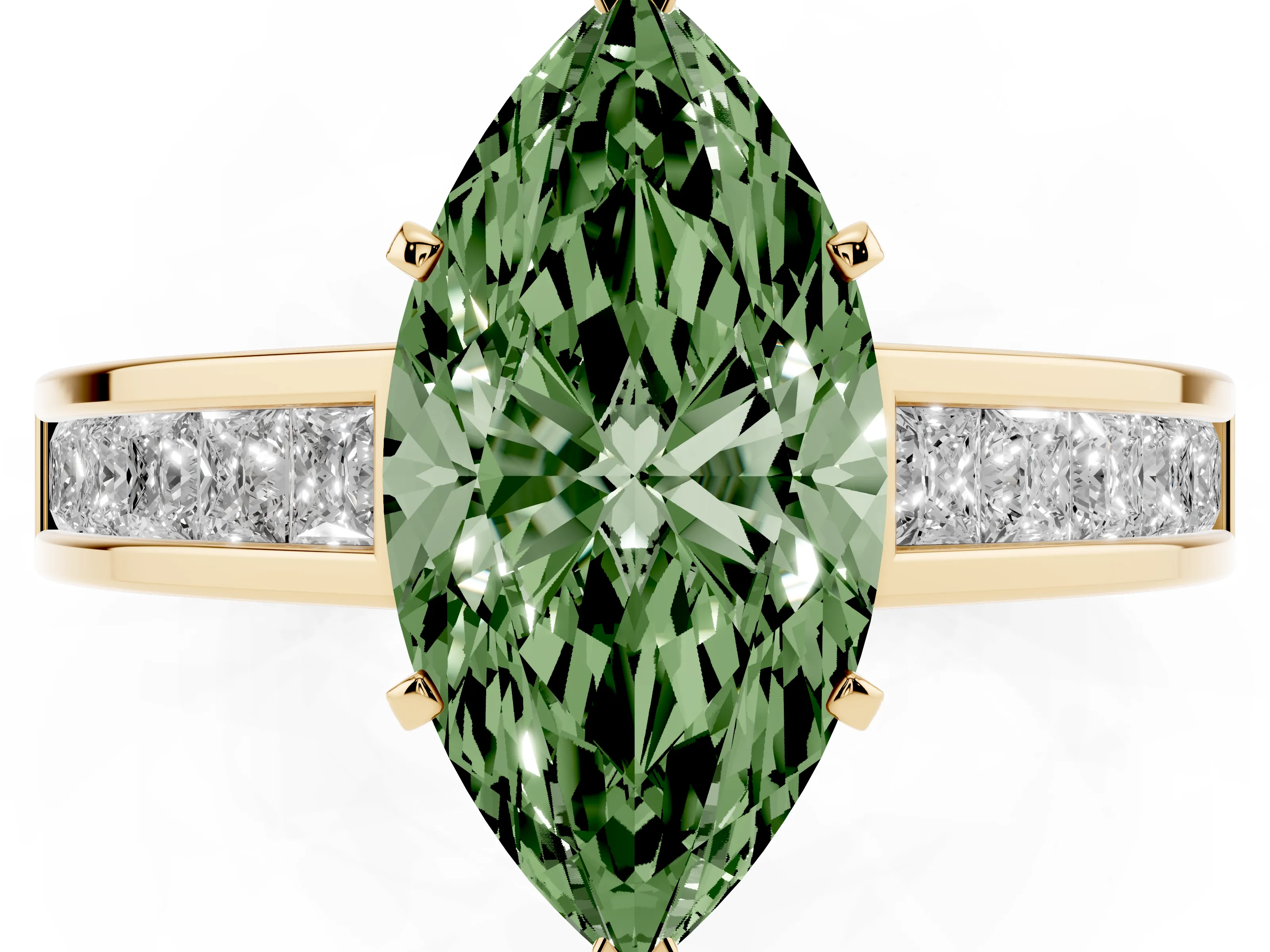 Fancy Green Marquise Cut Diamond Solitaire Ring Set in Yellow gold with Channel-Set Band and Prong Setting