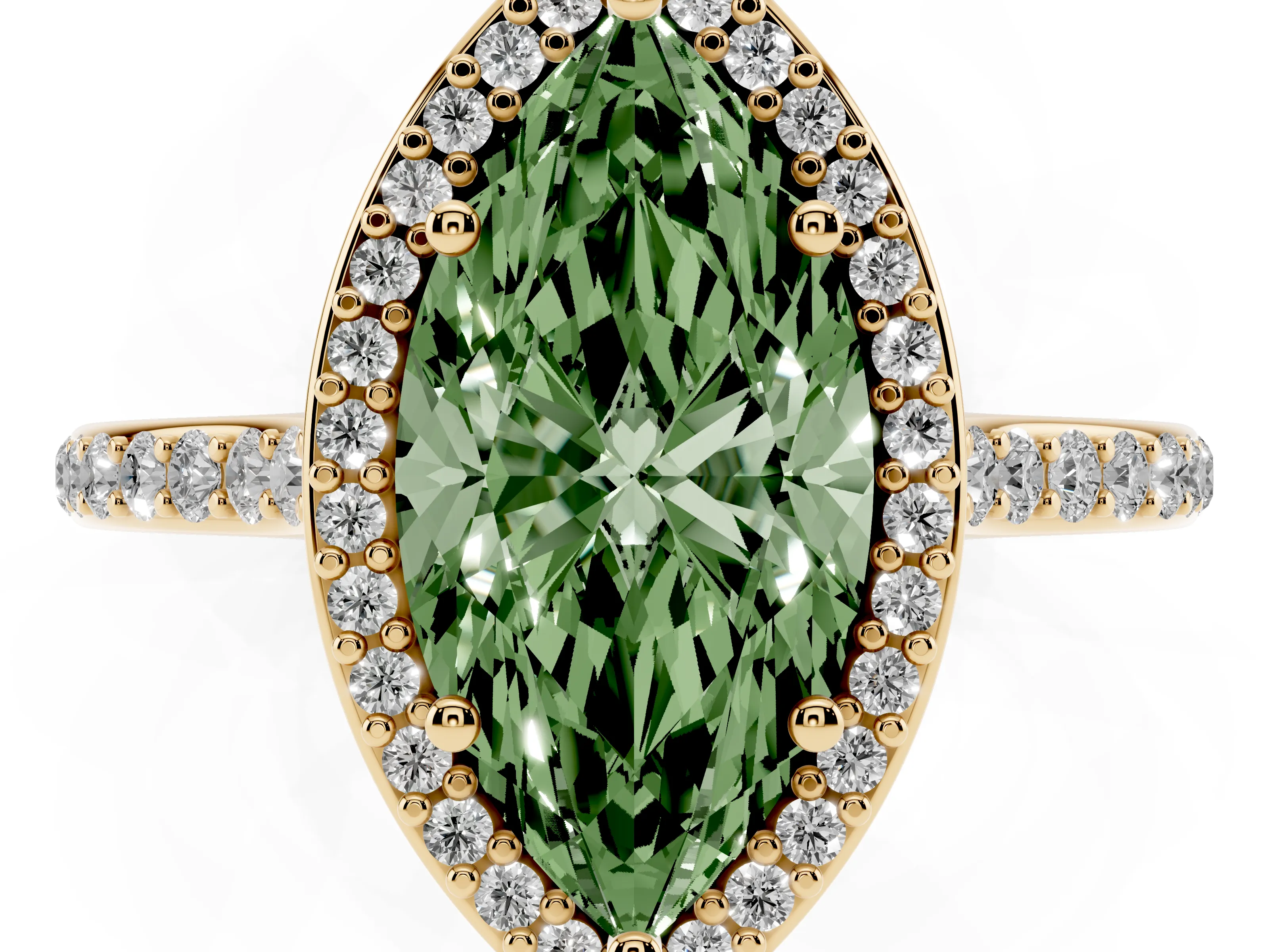 Fancy Green Marquise Cut Diamond Halo Engagement Ring Set in Yellow gold with Round Pavé Shoulders and Heart Gallery