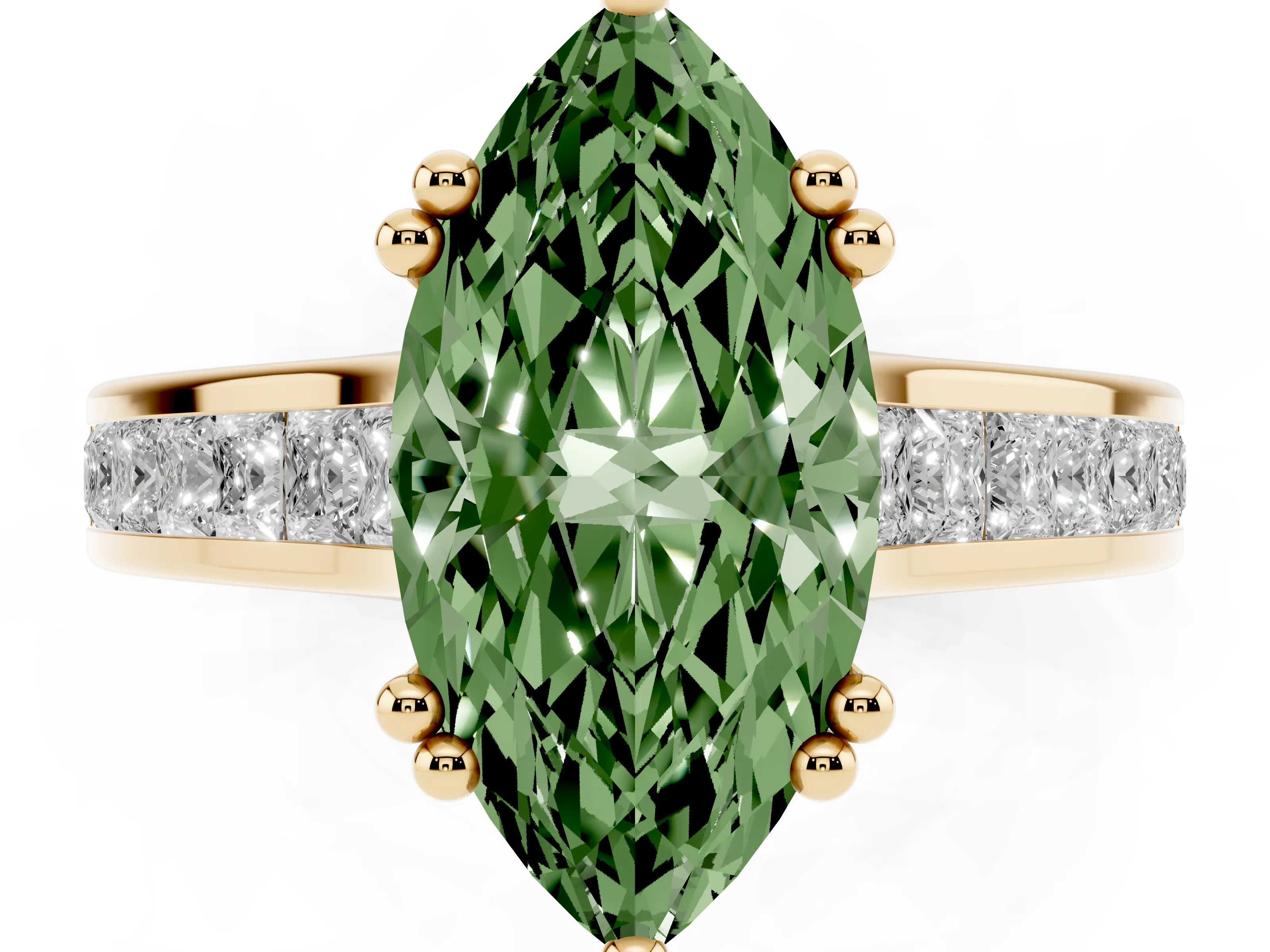 Fancy Green Marquise Cut Diamond Channel Set Solitaire Engagement Ring Set in Yellow gold with Prong Setting
