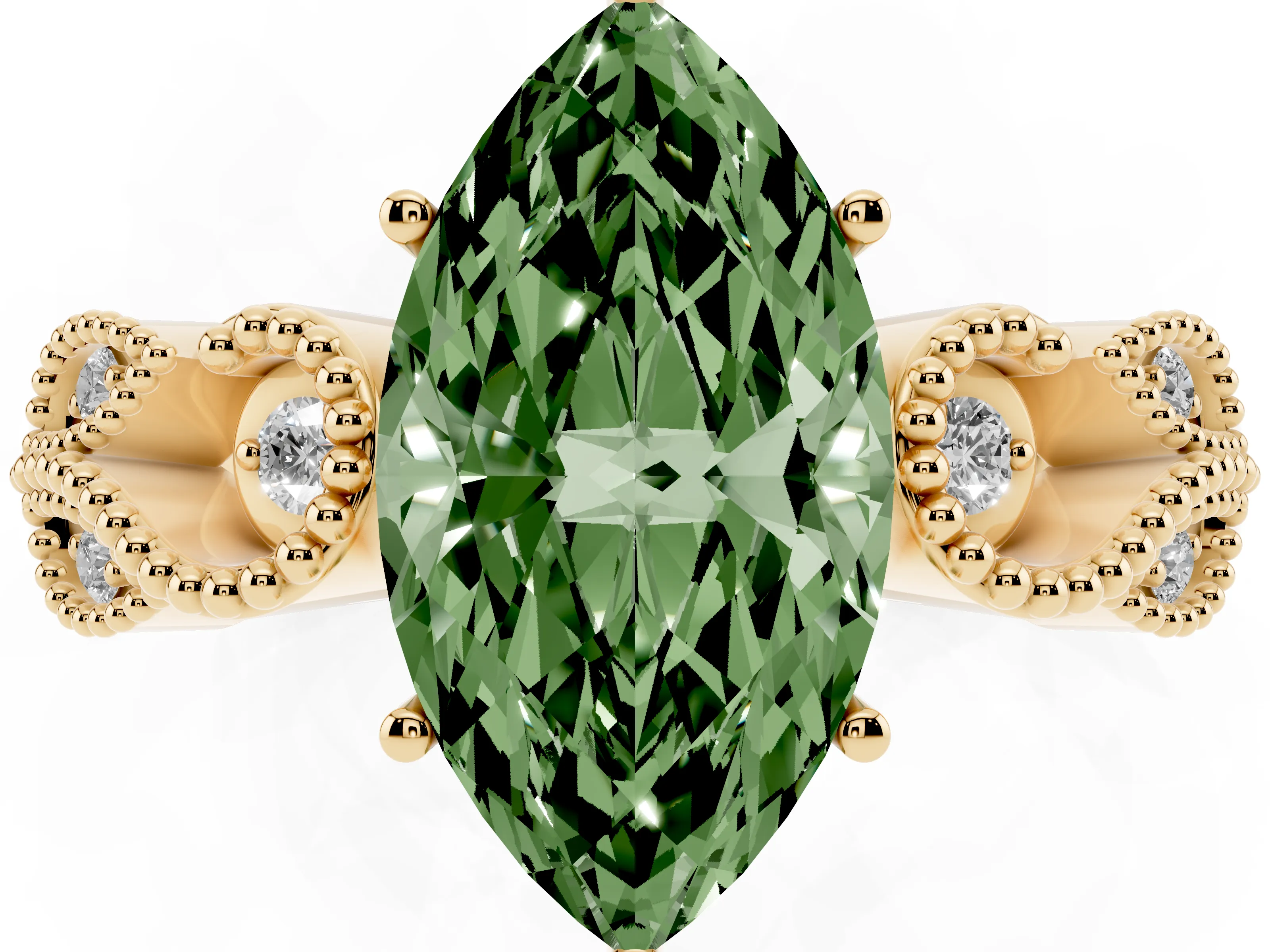 Fancy Green Marquise Cut Diamond Milgrain Leaf Band Solitaire Ring Set in Yellow gold with Accent Stones and Prong Setting